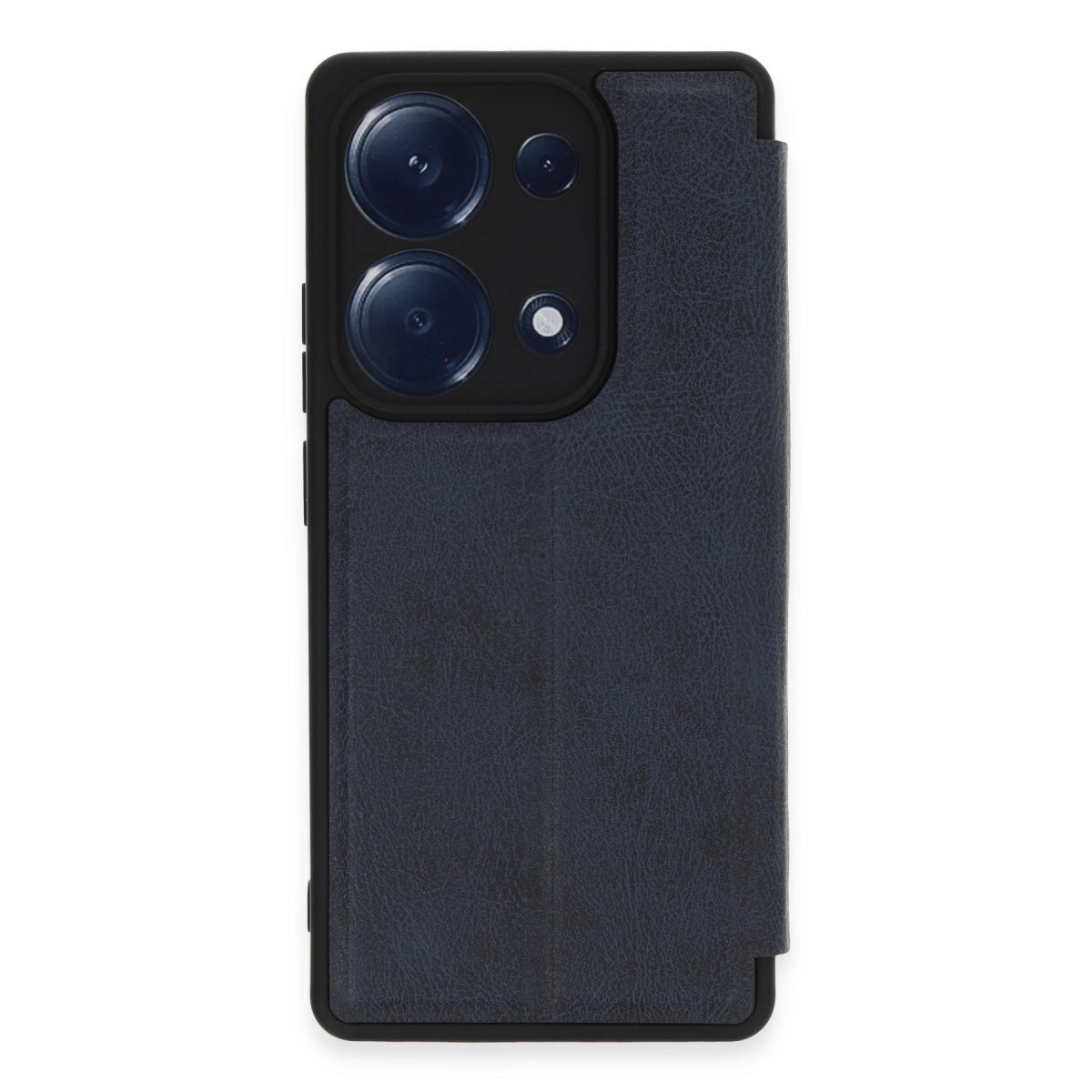 Üç lensli siyah kamera modülüne sahip lacivert telefon.