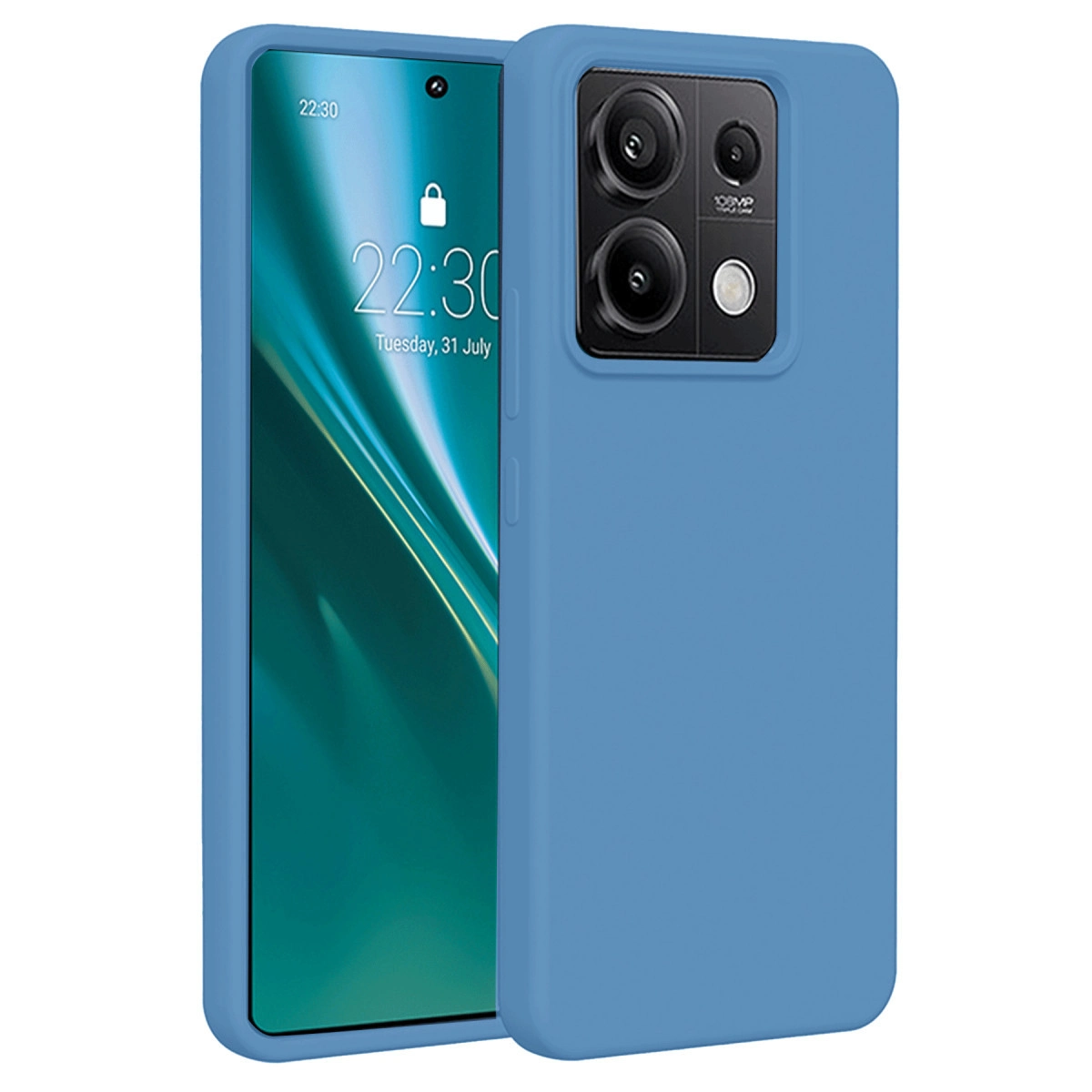 Mavi bir telefon kılıfı, kilitli ekranı ve kamera modülü olan bir telefonu kaplar.