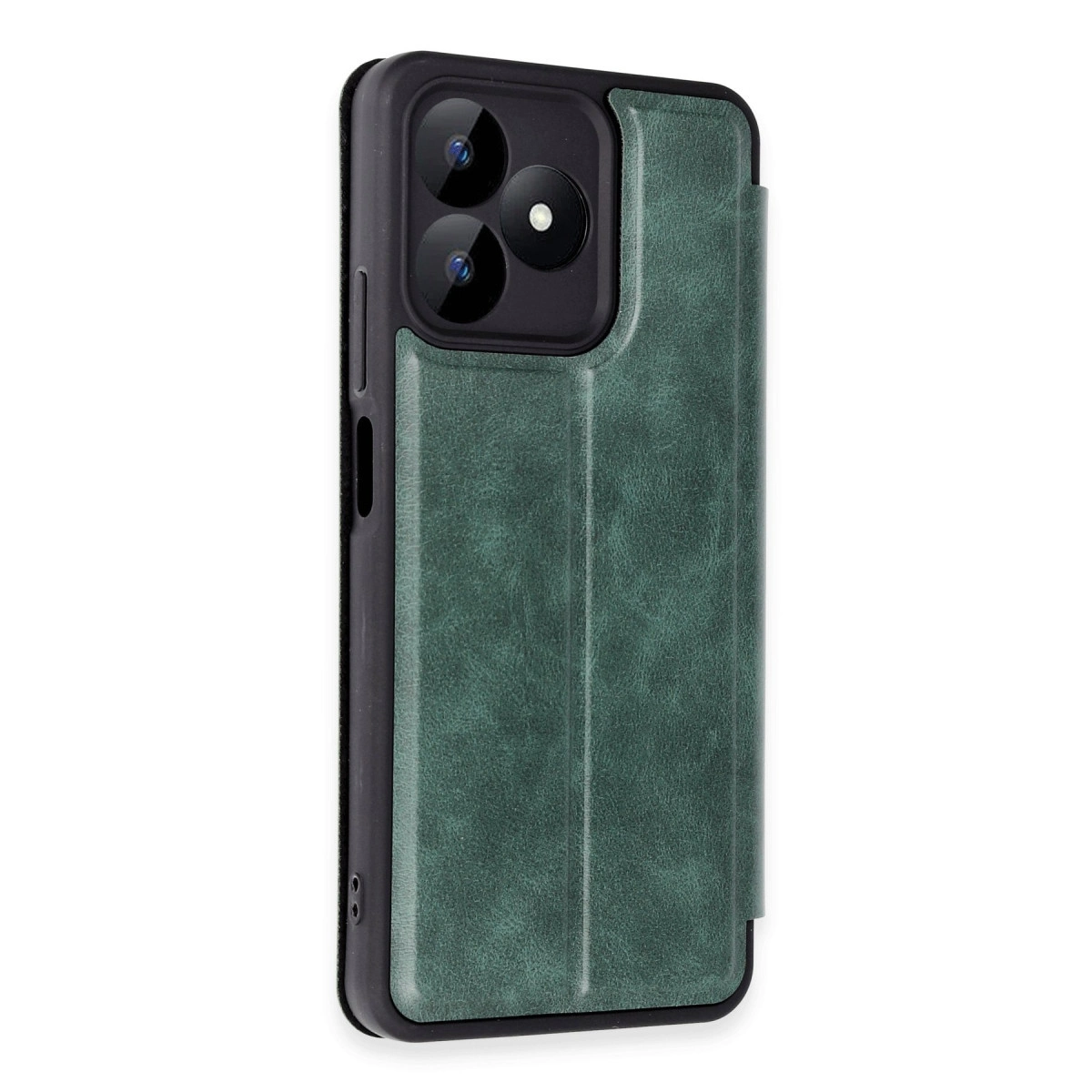 Üç kamera lensli, dokulu koyu yeşil telefon kılıfı.