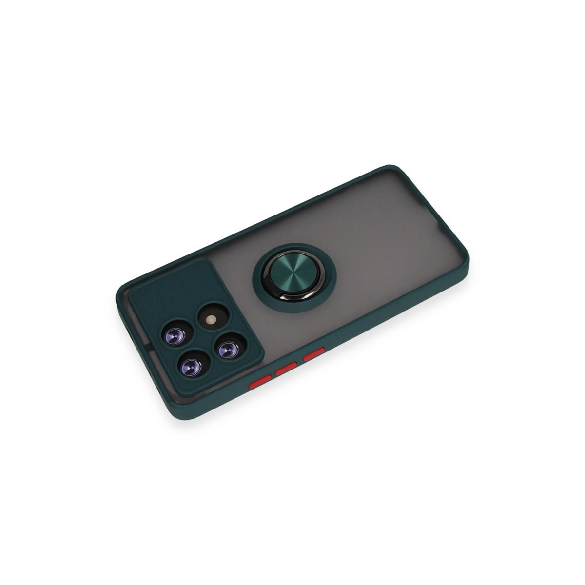 Halka tutuculu ve kamera modüllü koyu yeşil telefon kılıfı beyaz arka plan.