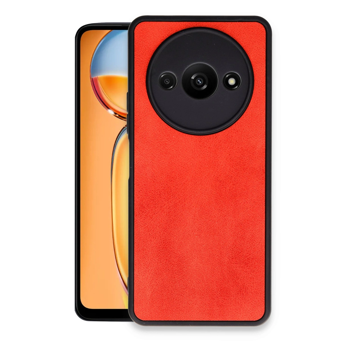 İki lensli siyah kamera modülüne sahip kırmızı telefon kılıfı.
