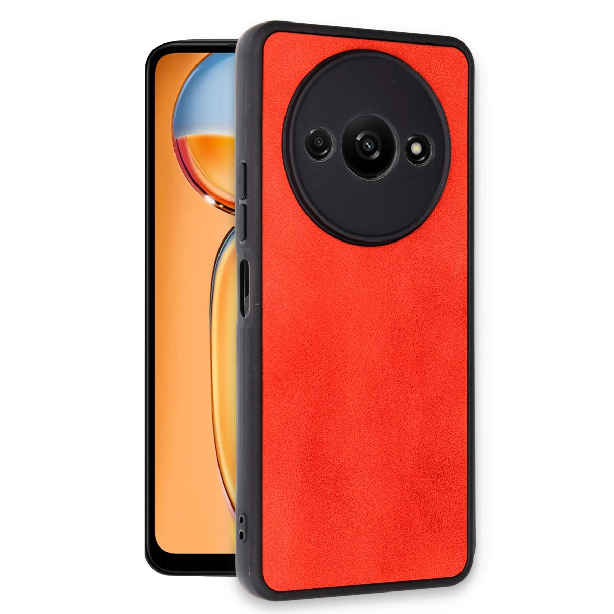 Siyah kamera modüllü ve turuncu ekranın bir kısmına sahip kırmızı telefon kılıfı.