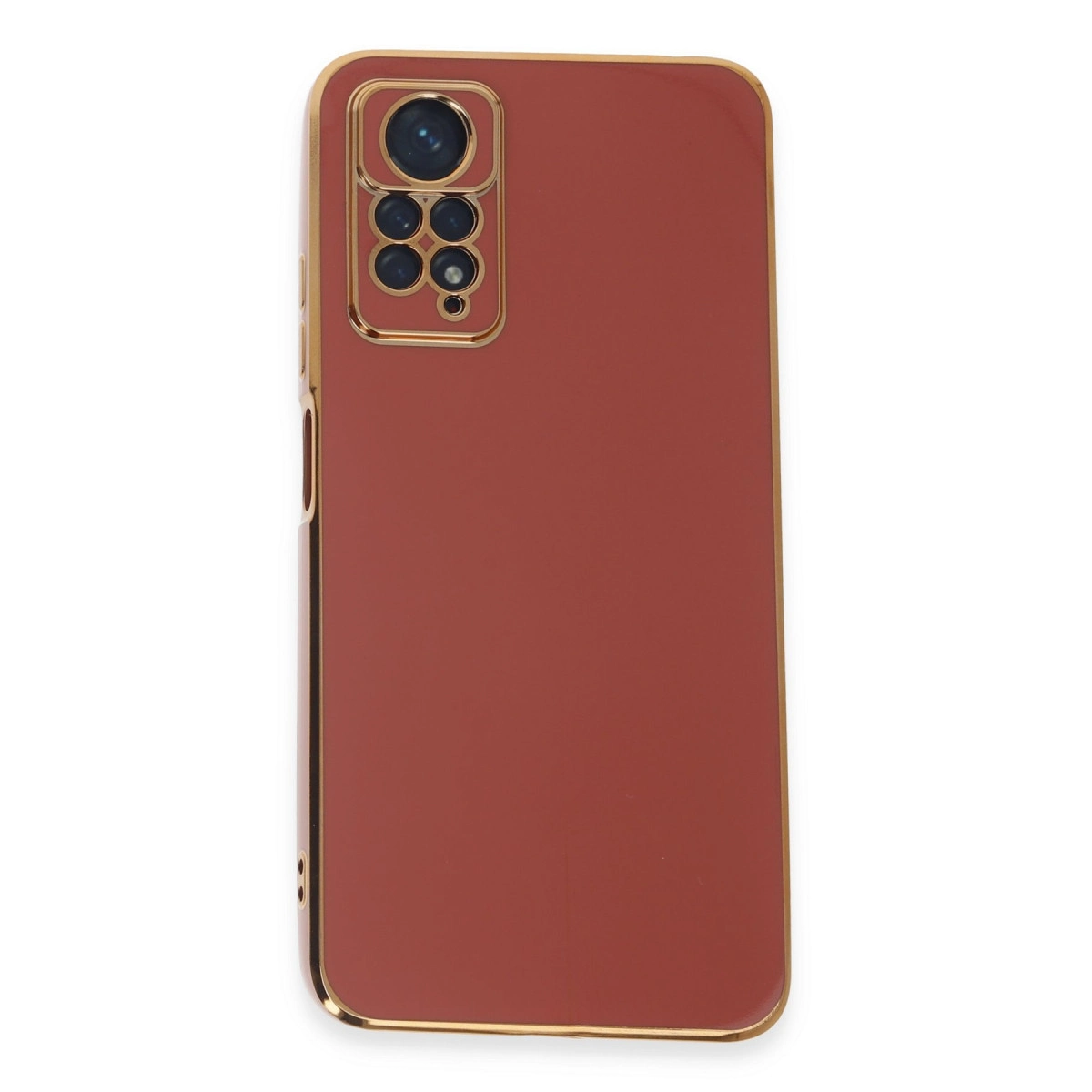 Altın çerçeveli ve kamera modüllü kırmızı telefon kılıfı beyaz zeminde.
