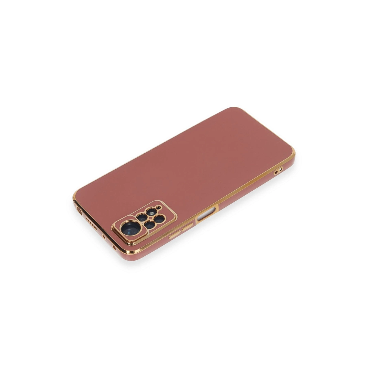 Altın kenarlı, gül altın rengi telefon kılıfı, beyaz zeminde.