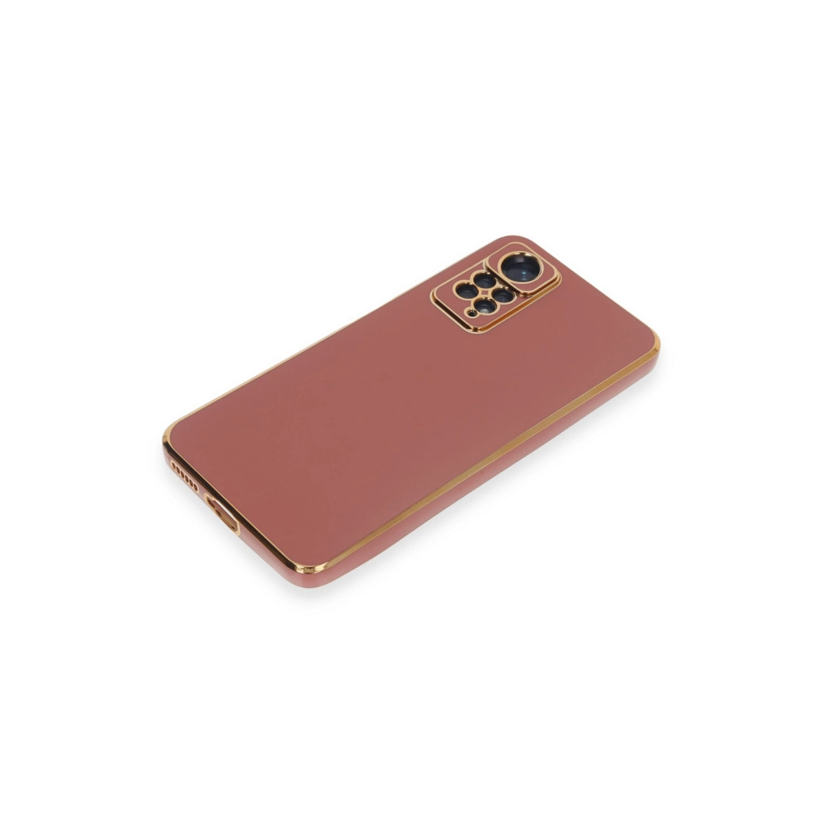 Altın kenarlı ve kamera modüllü, gül rengi telefon kılıfı.