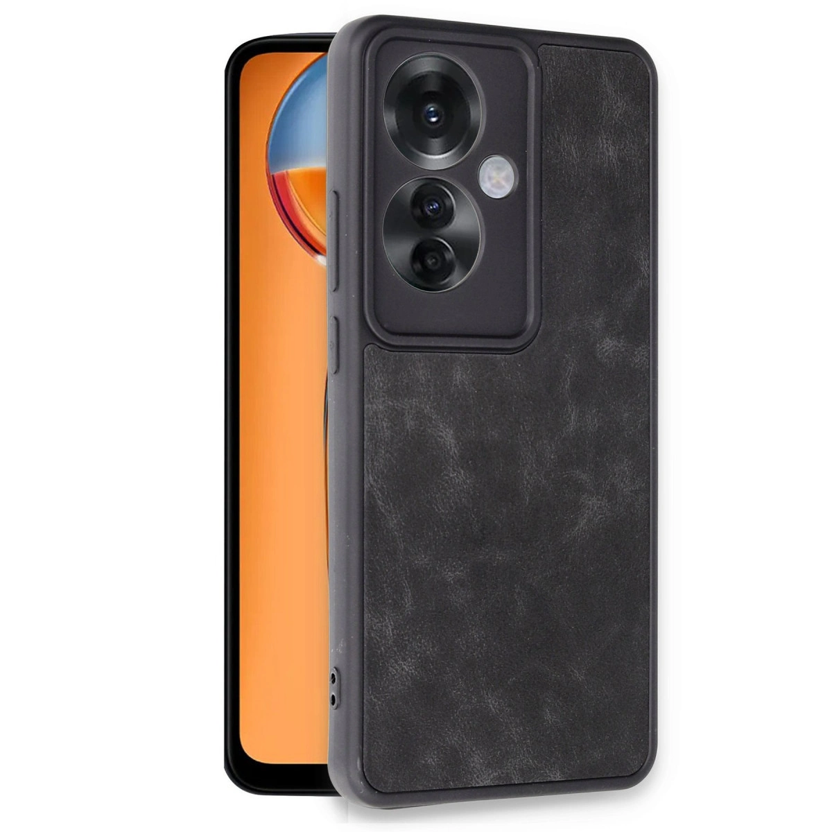 Görünür kamera modülüne sahip, deri dokulu siyah bir akıllı telefon.
