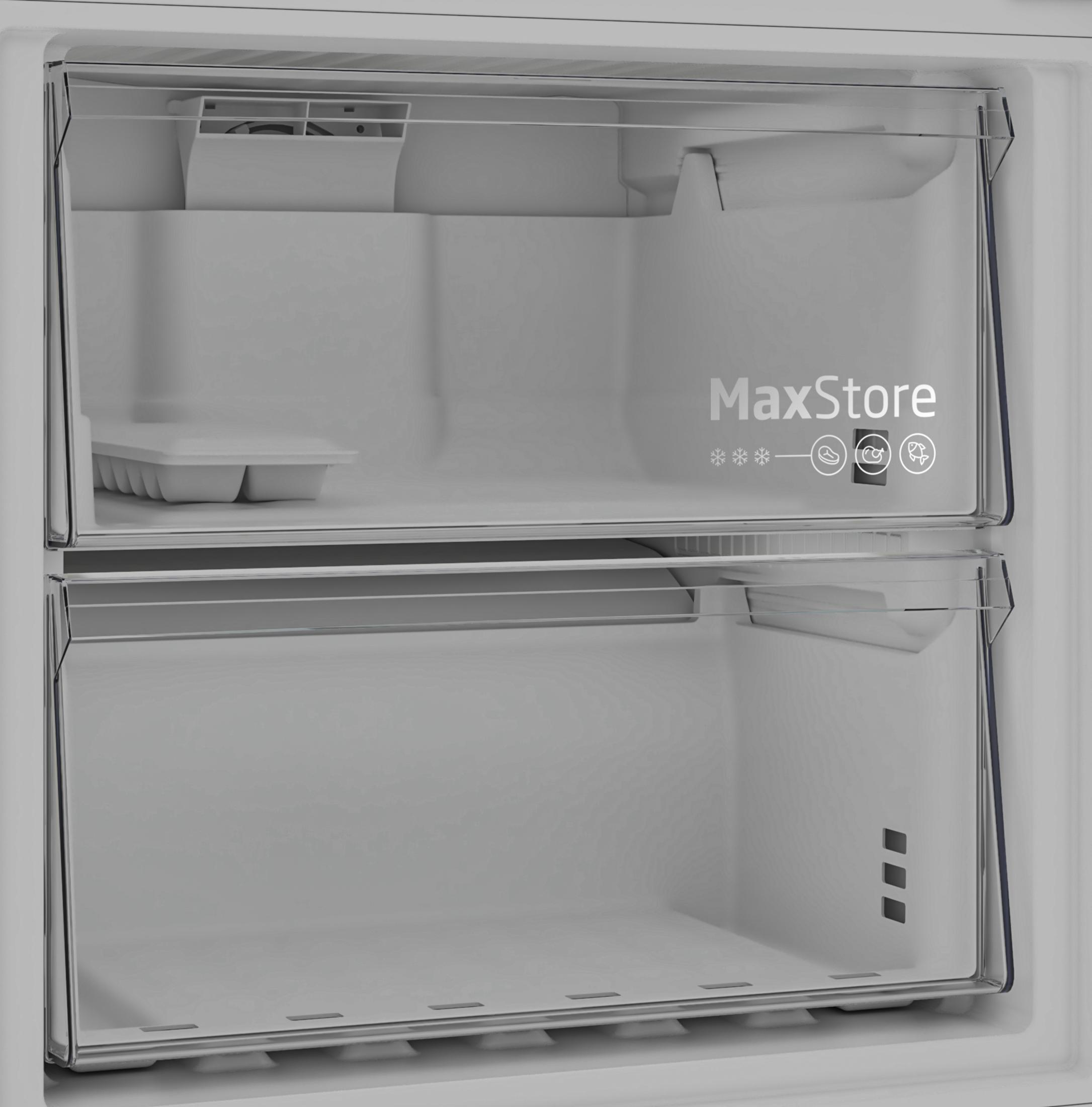 Şeffaf ön yüzlü boş beyaz buzdolabı çekmeceleri. Üstte MaxStore logosu.