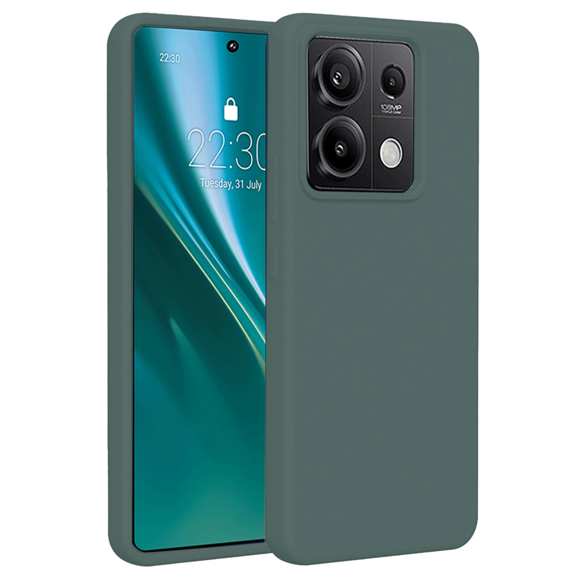 Arka kamera birimli, kilitli ekranlı koyu yeşil bir telefon.