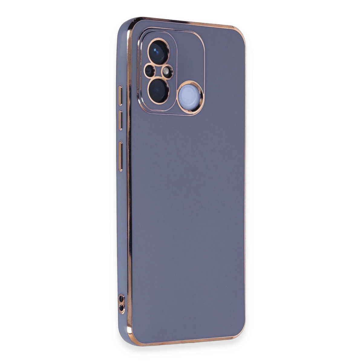 Bakır renkli kenarlı ve kamera modüllü gri telefon kılıfı.