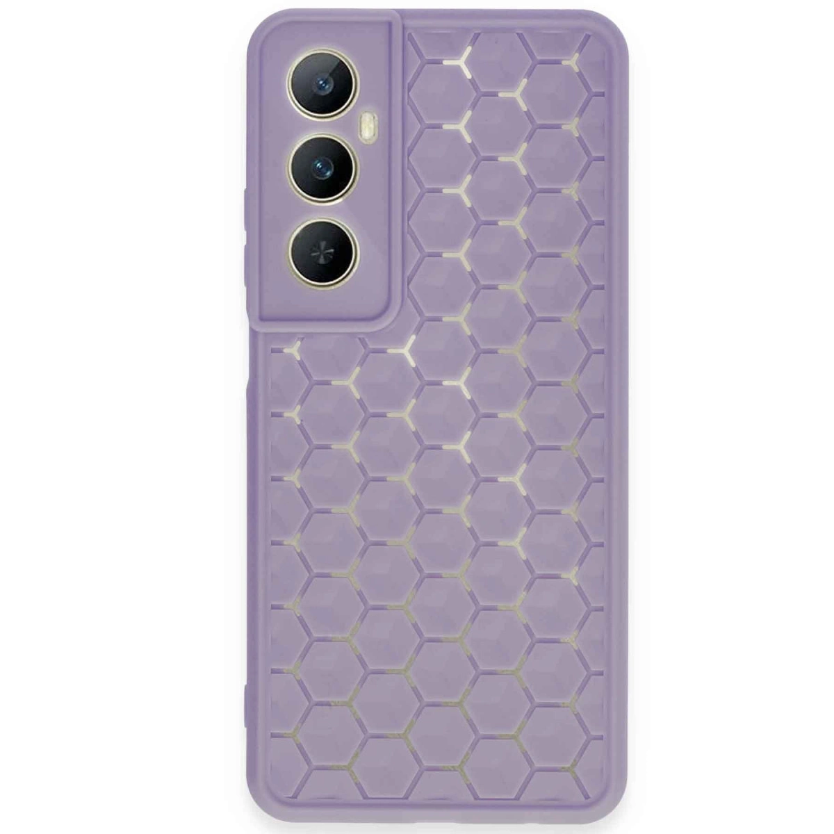 Üç kamera lensli, petek desenli mor telefon kılıfı.