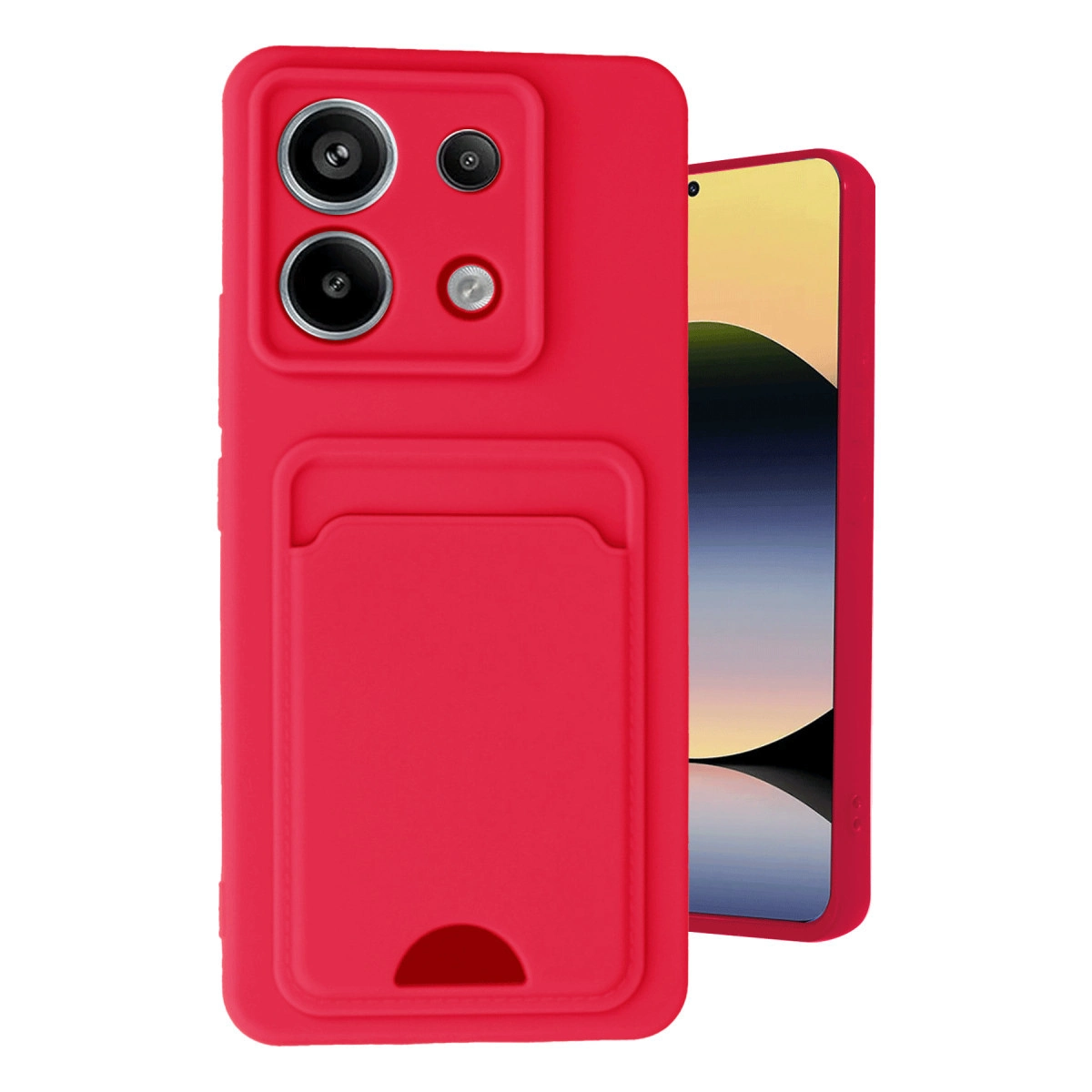 Kart tutuculu ve üç kamera lensli kırmızı telefon kılıfı, yanında bir telefon.