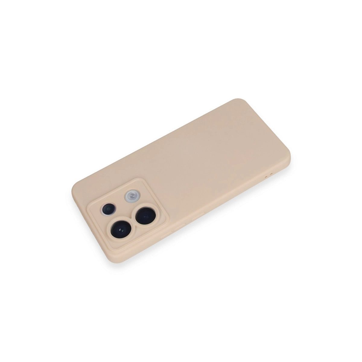 Beyaz arka plan üzerinde kamera modüllü bej telefon kılıfı.