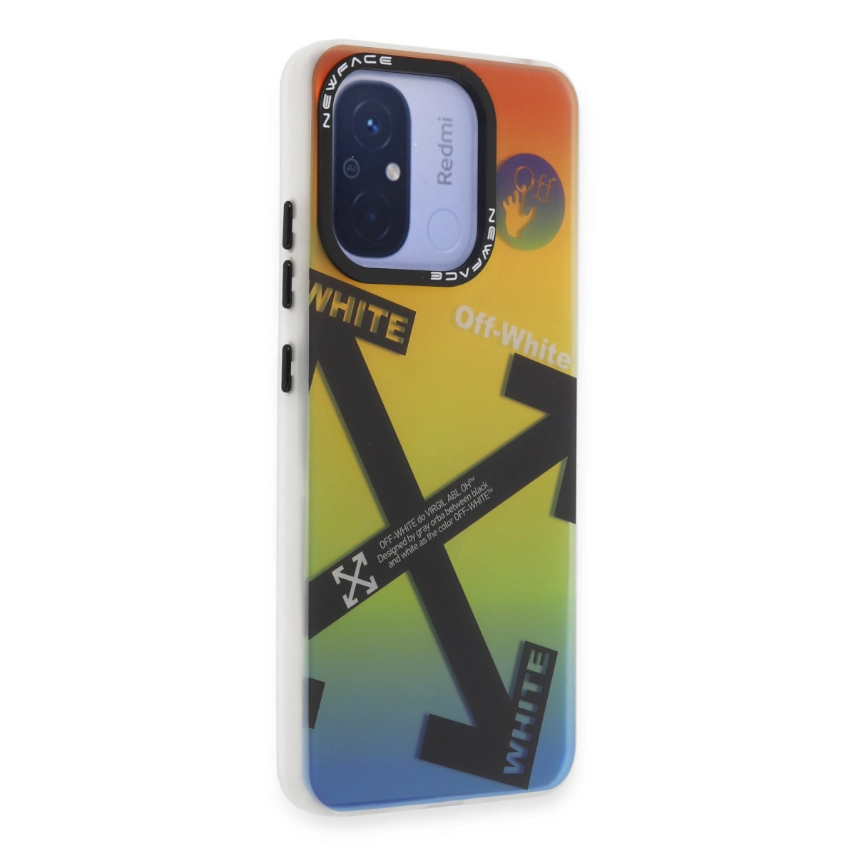 Off-White logosu, okları ve gradyan renkleriyle telefon kılıfı. Redmi telefon kamerası görünür.