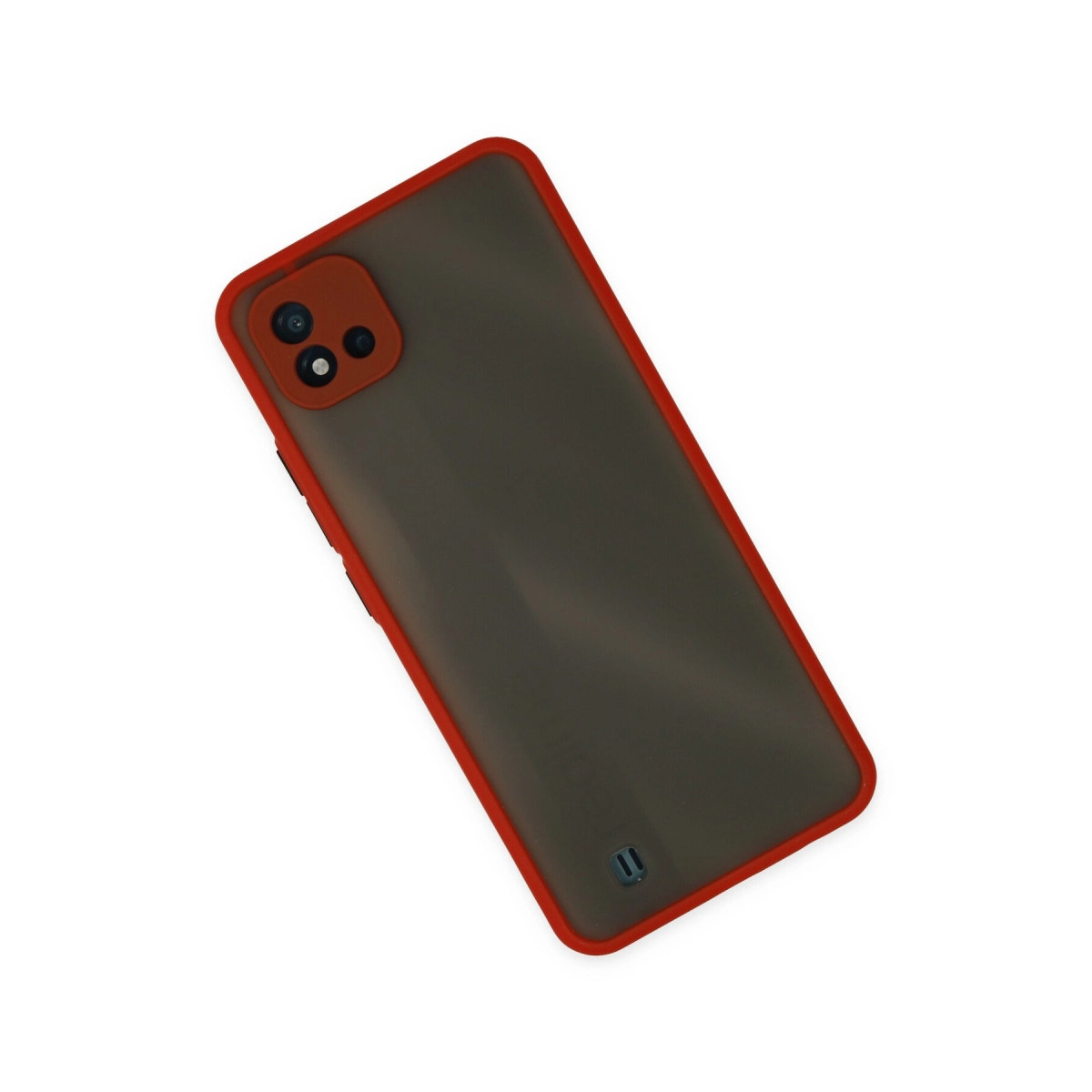Kırmızı kenarlı ve kamera alanlı koyu gri telefon kılıfı.