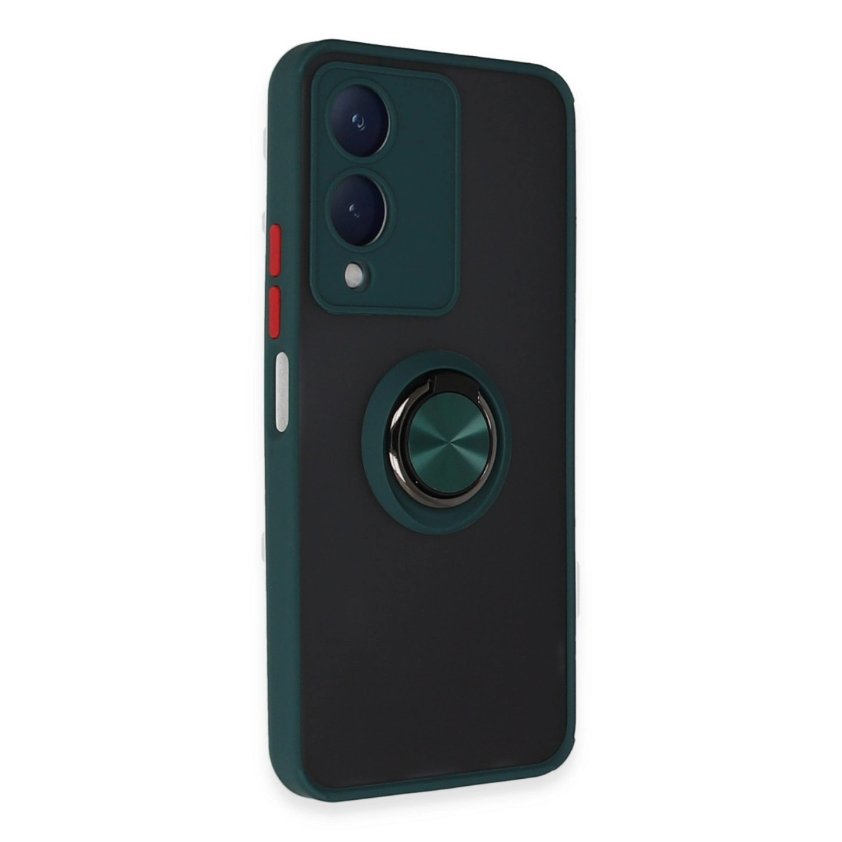 Siyah arka ve halka tutuculu koyu yeşil telefon kılıfı.