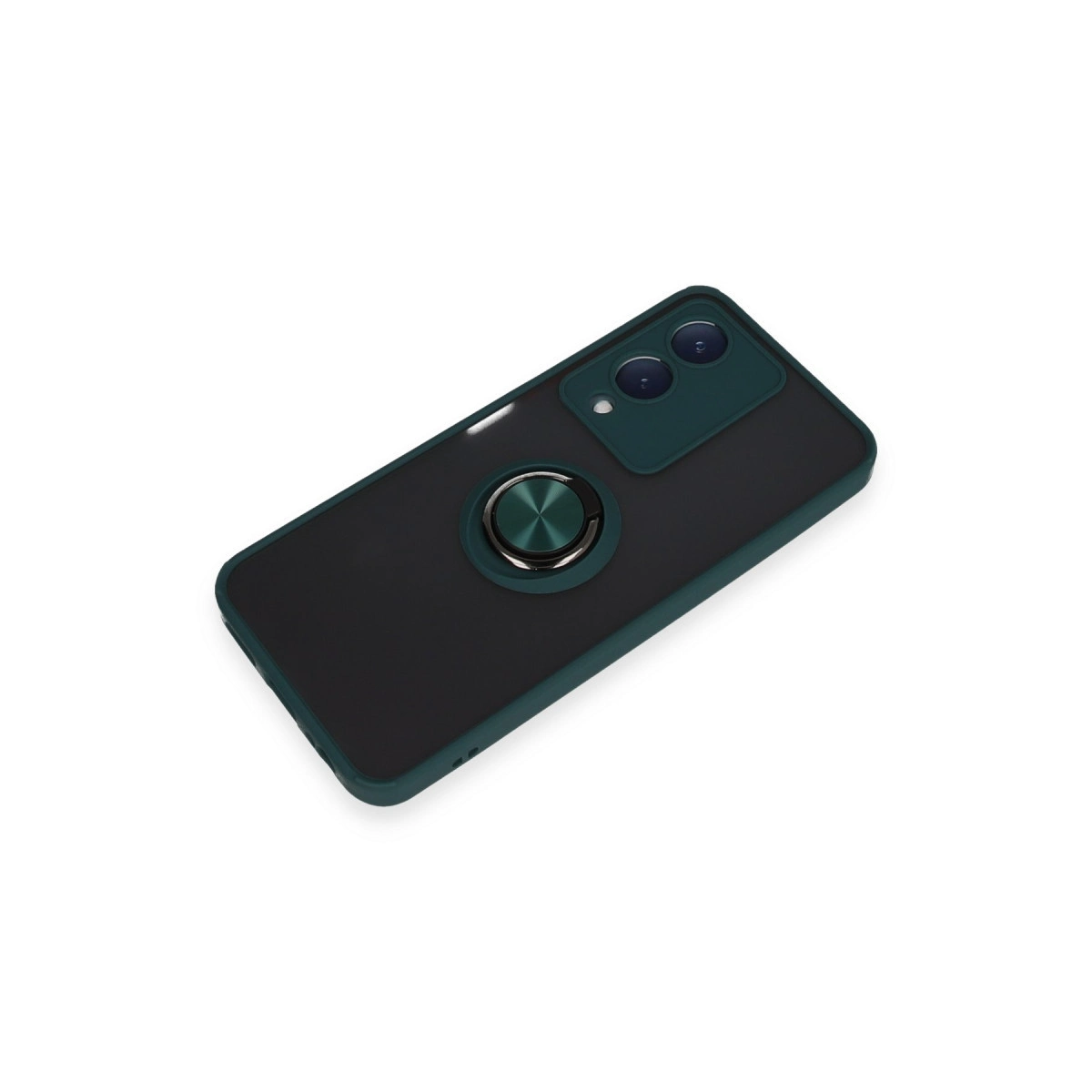 Halka tutuculu ve iki kamera lensli koyu yeşil telefon kılıfı.