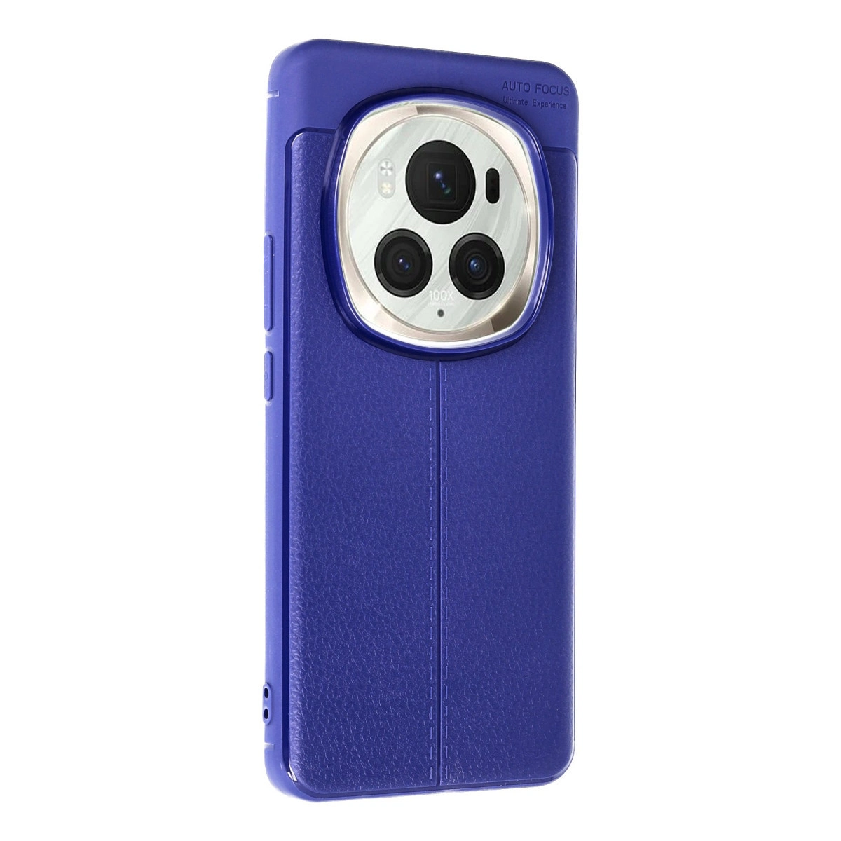 Belirgin kamera modülüne sahip mavi deri telefon kılıfı.