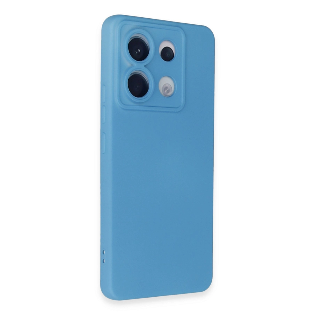 Üç lens ve flaş içeren kare kamera çıkıntısına sahip mavi telefon kılıfı.