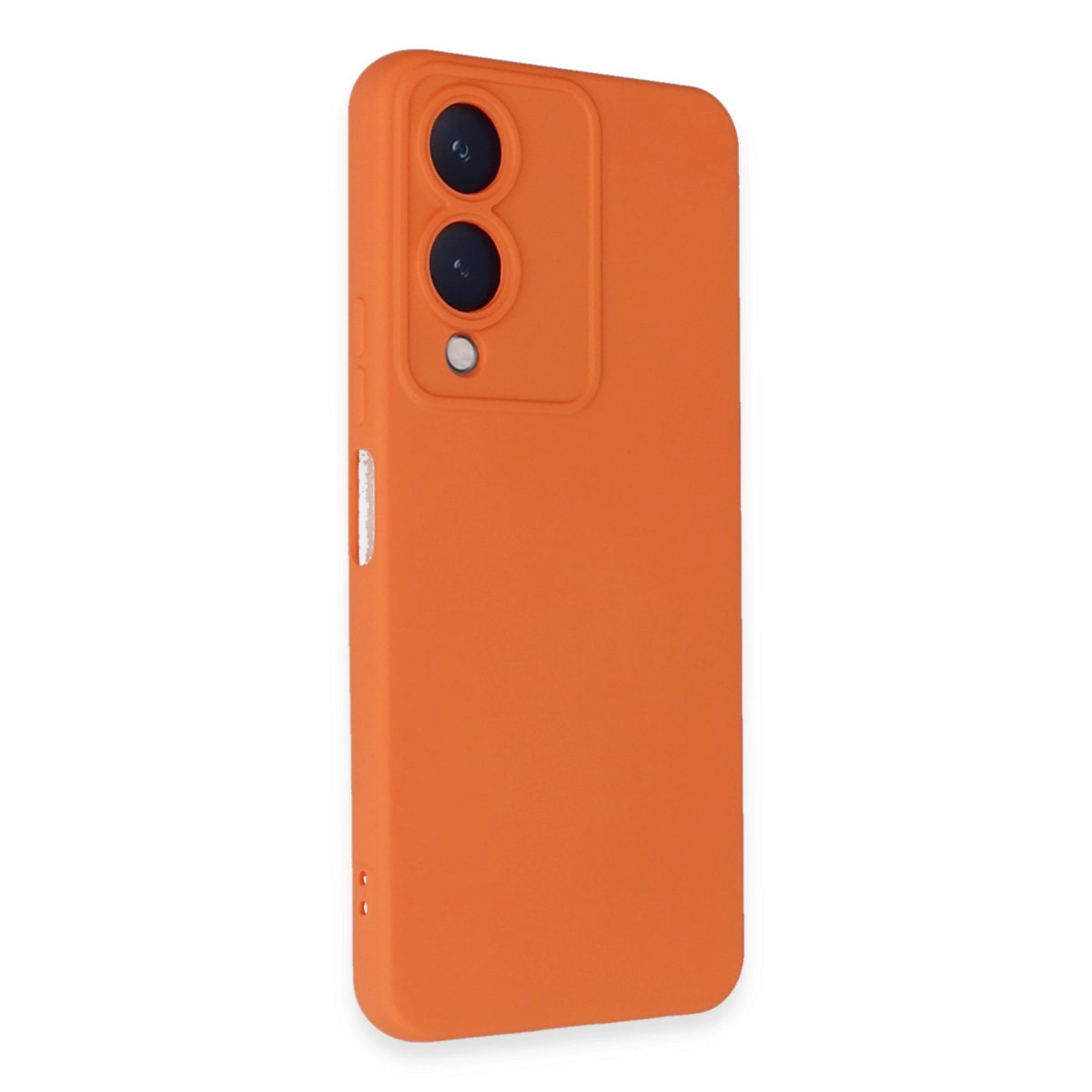 İki lensli bir kamera modülüne sahip turuncu telefon kılıfı.