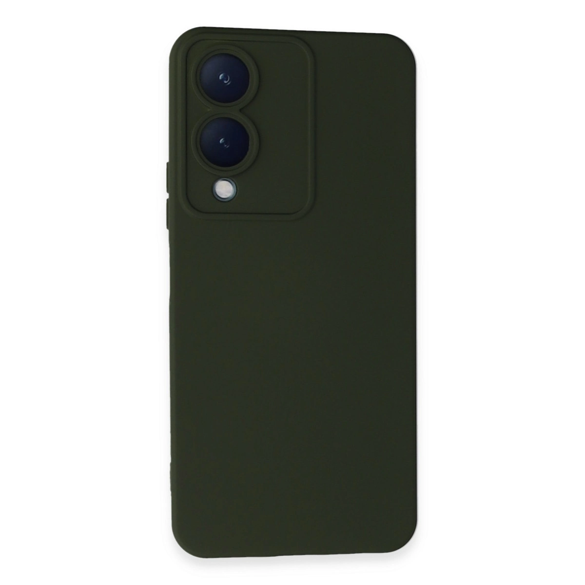 Üç kamera lensli ve flaşlı koyu yeşil telefon kılıfı.