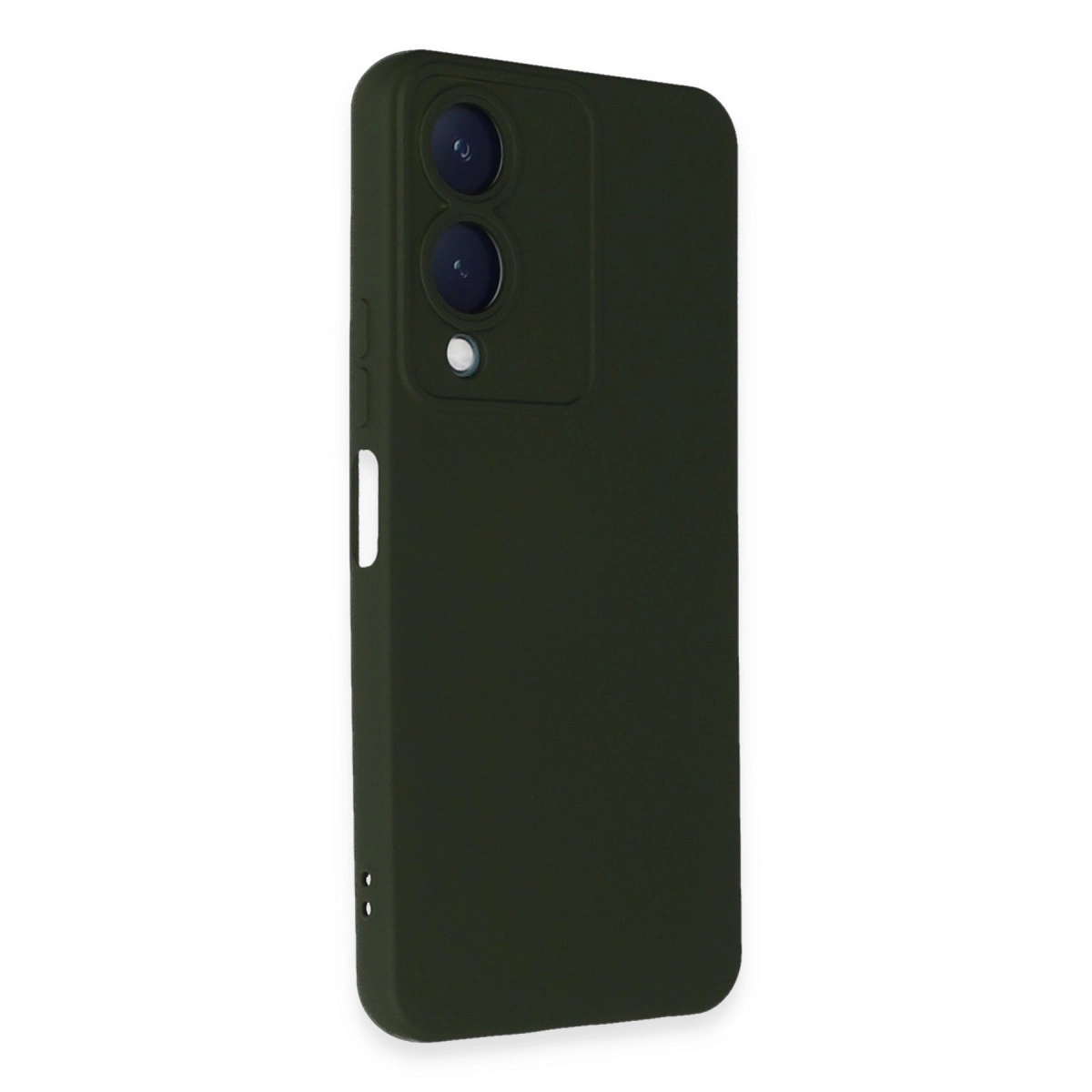 Koyu yeşil telefon kılıfı, arka kamera modülü ve flaşı görünüyor.