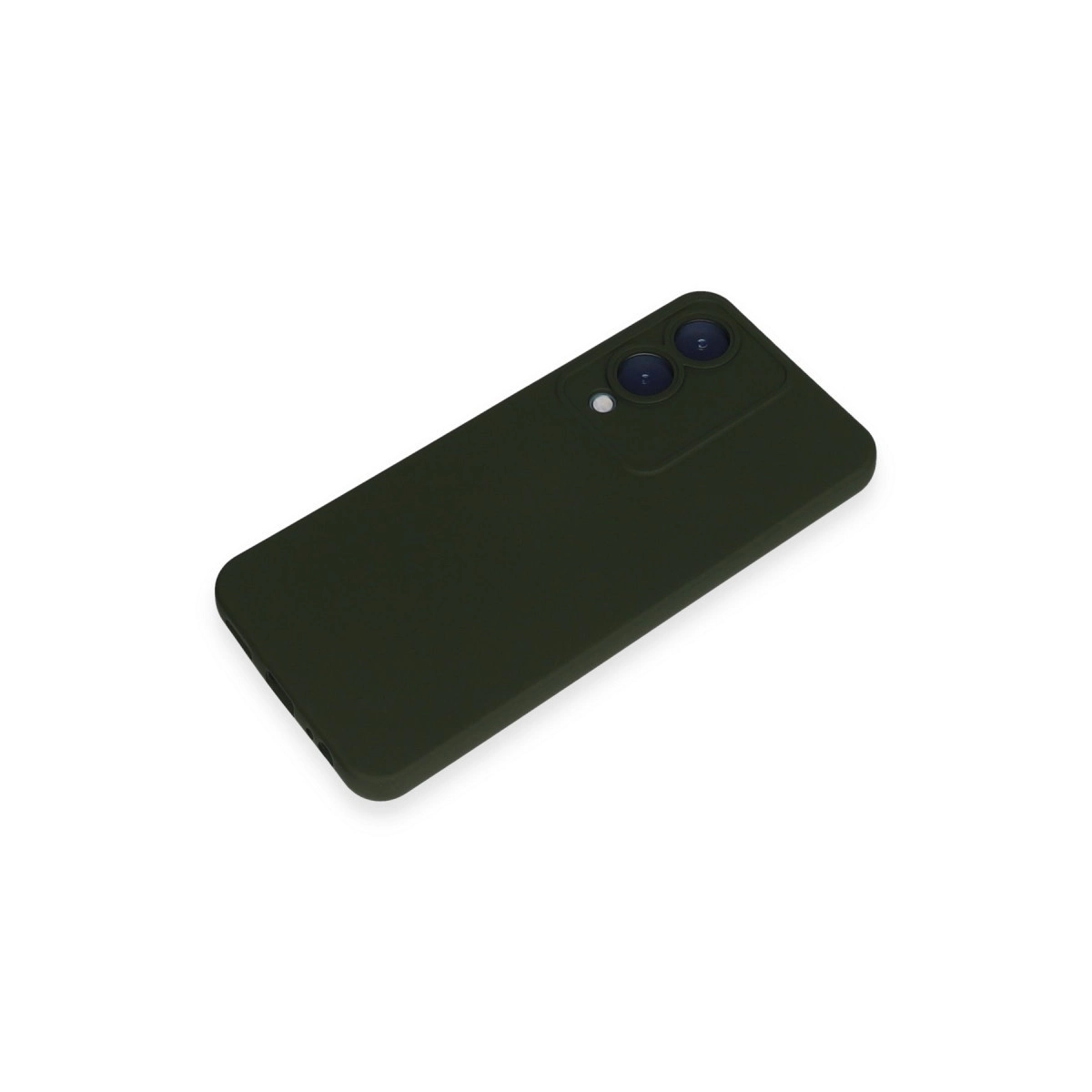 Arkada iki kamera lensi ve flaşı olan koyu yeşil telefon kılıfı.