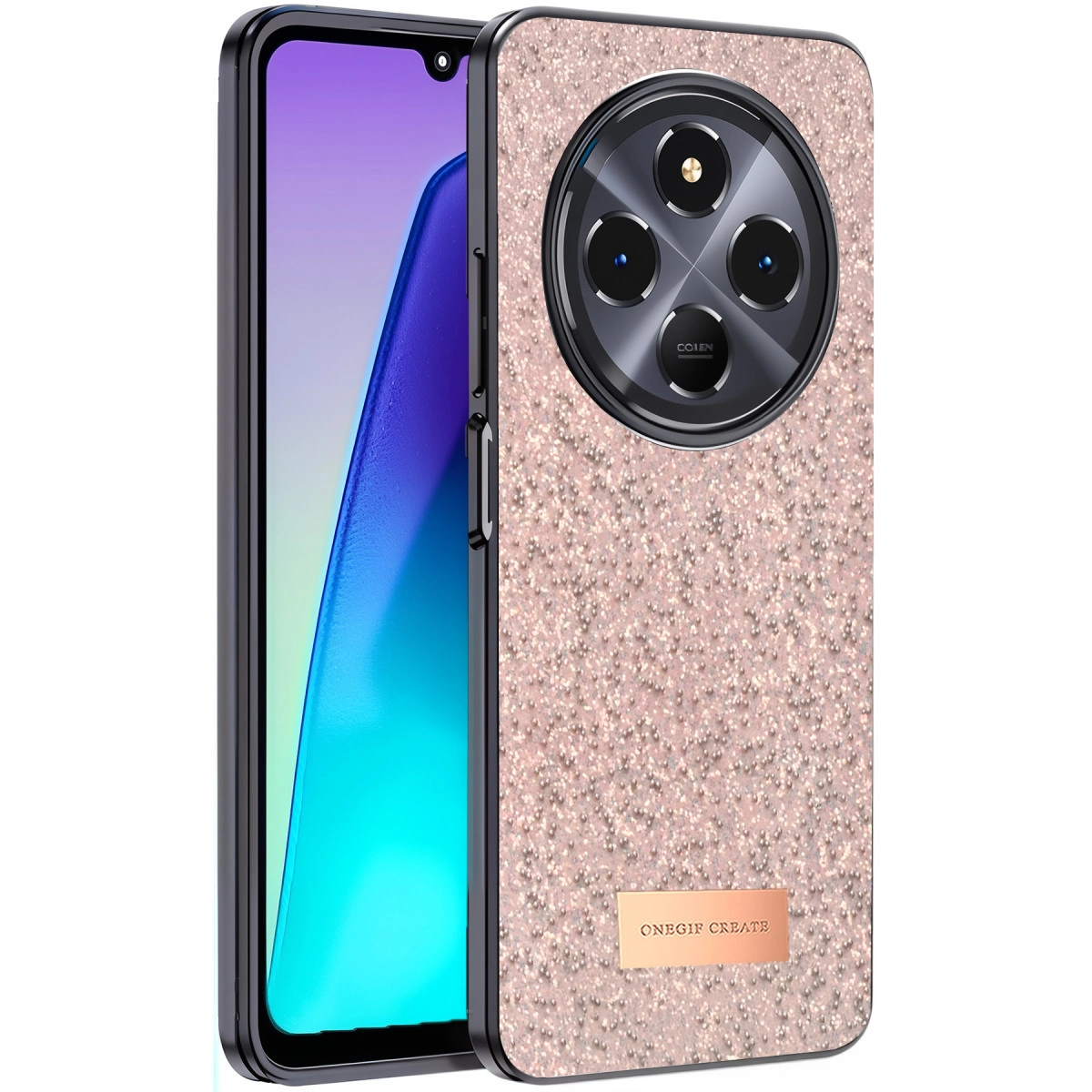 Yuvarlak kamera modülüne sahip, simli kılıflı, rose gold renkli telefon.