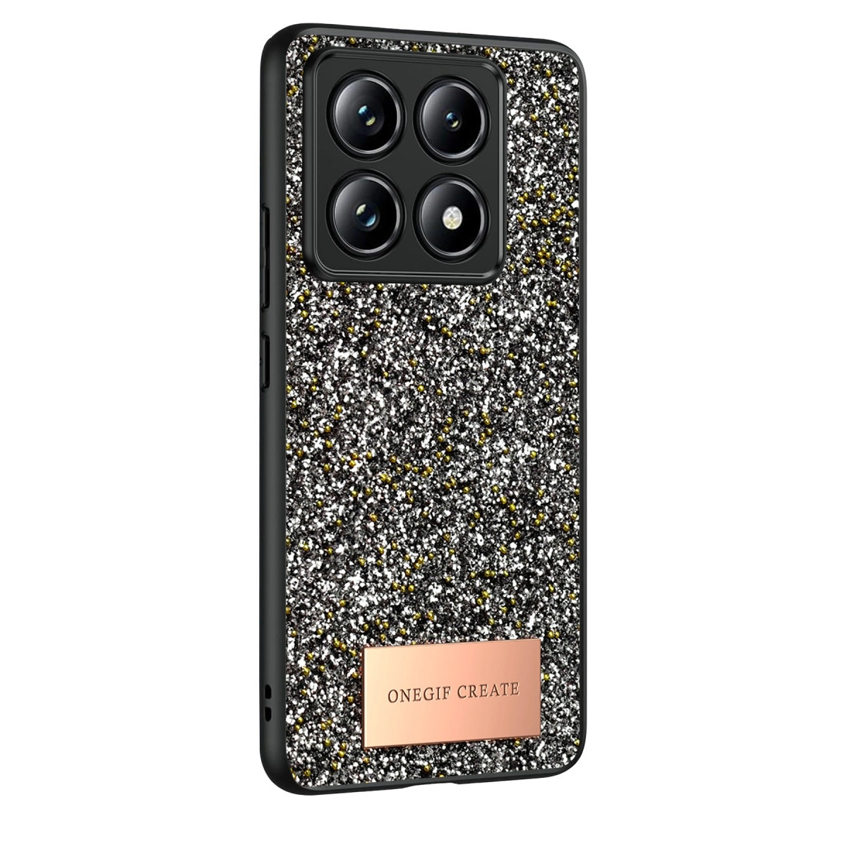 Simli kılıflı siyah telefon, dört kamera ve logo plakası.