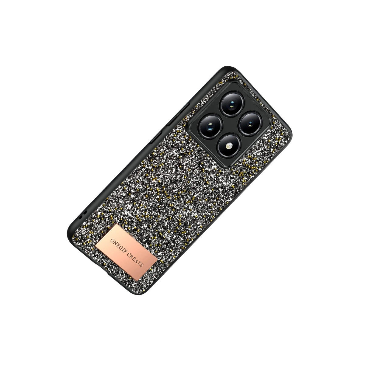 Simli siyah telefon kılıfı, dört kameralı.