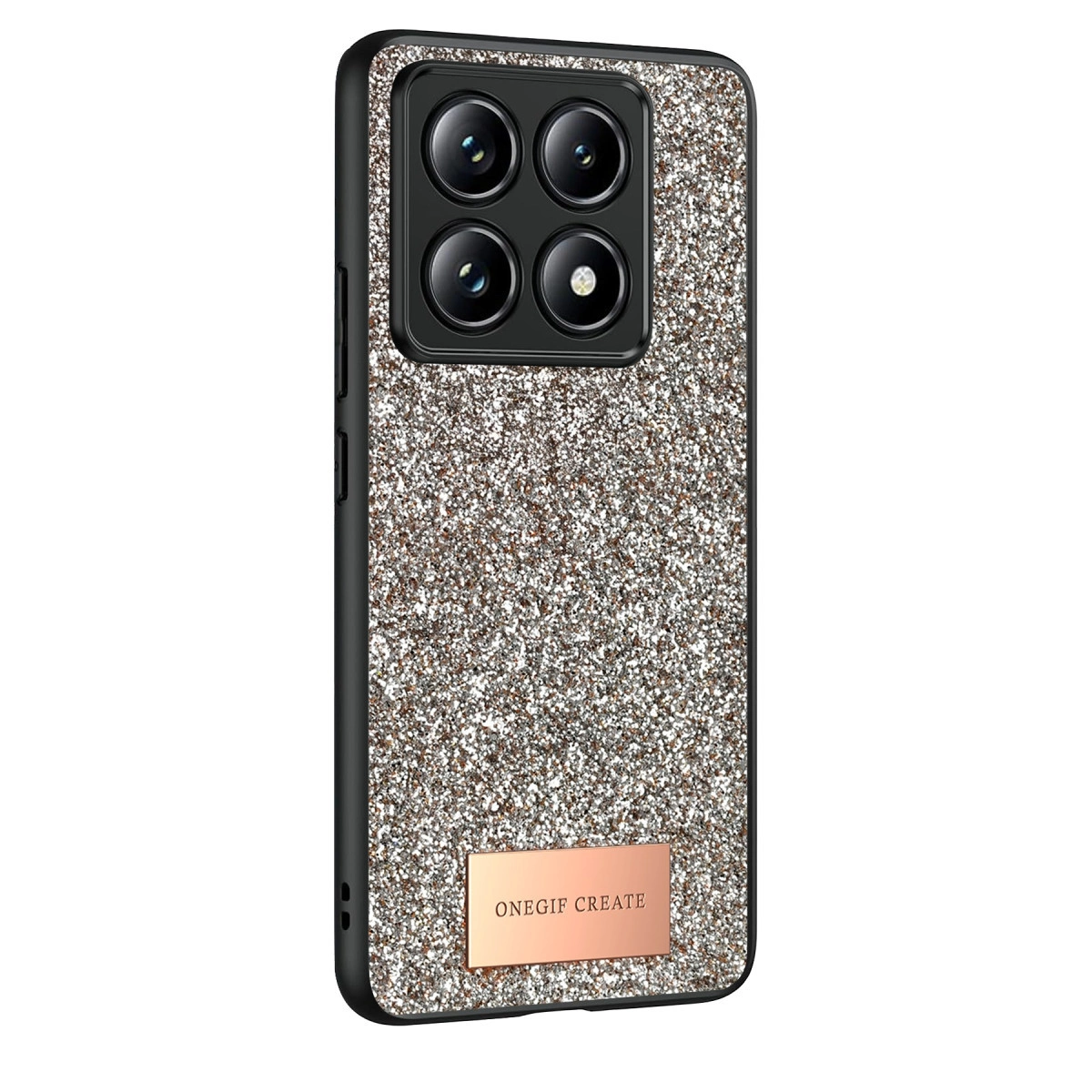 Dört kameralı, metal plakalı simli bir telefon.