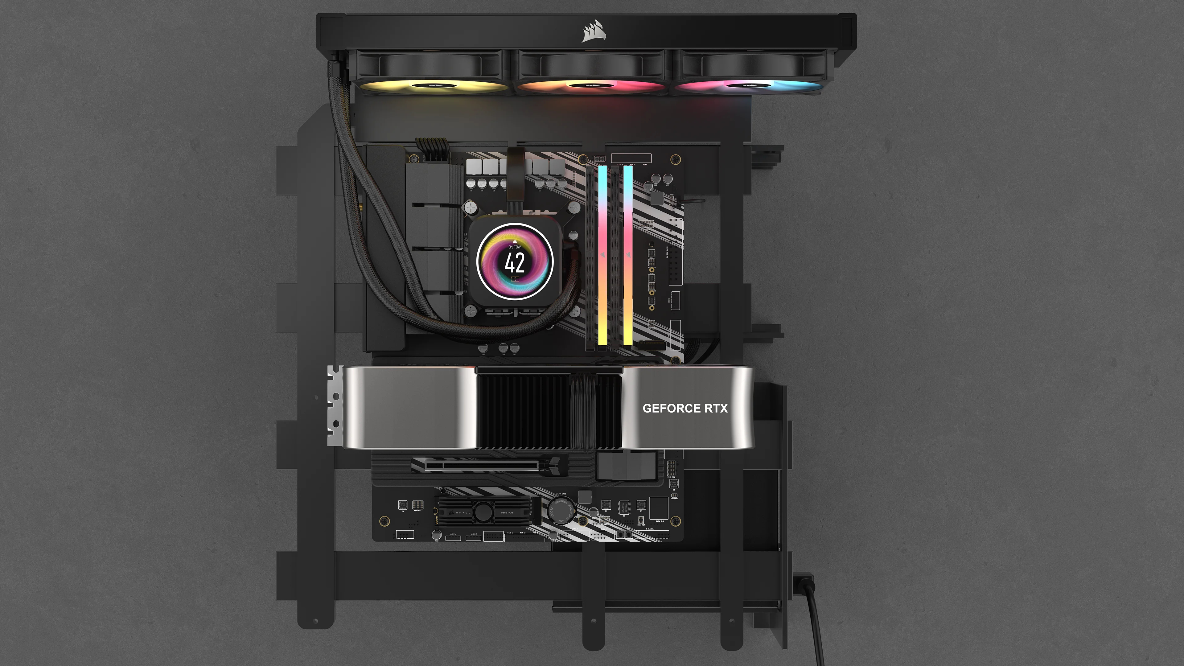 Fanlar, anakart, grafik kartı ve CPU soğutucu ile bir PC yapısı.