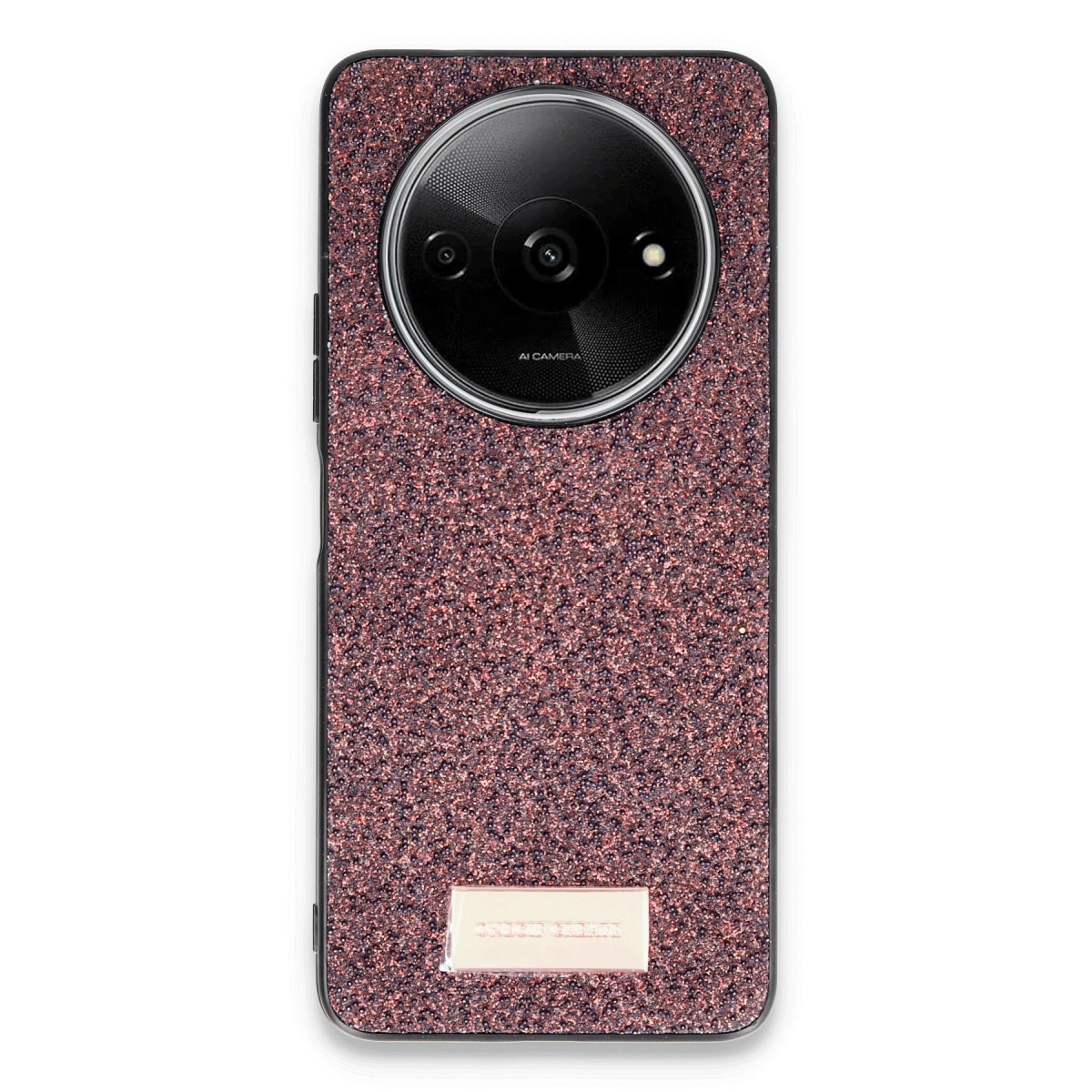 Yuvarlak kamera modüllü, simli kılıflı, rose gold akıllı telefon.