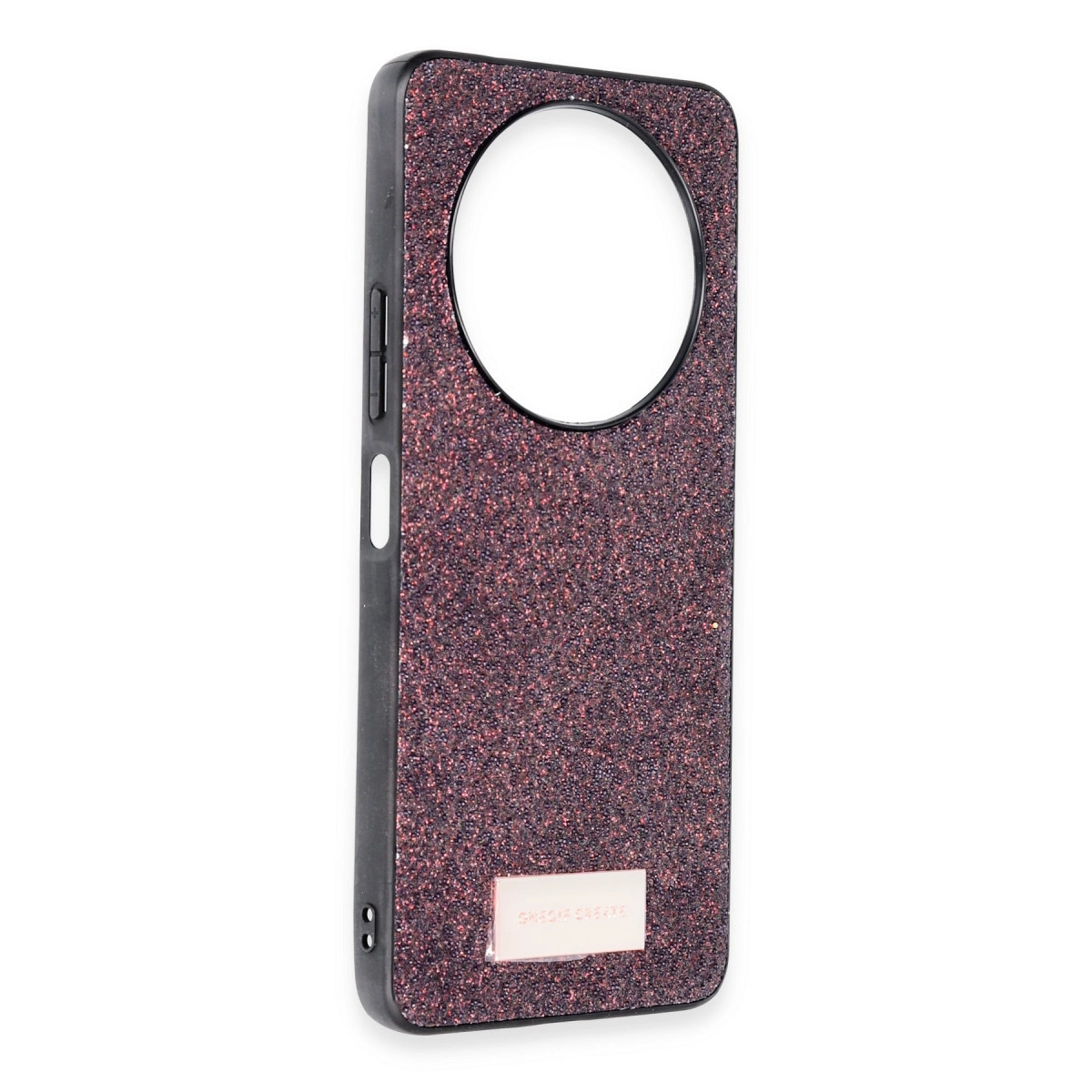 Büyük dairesel kesikli ve metal plakalı mor simli telefon kılıfı.