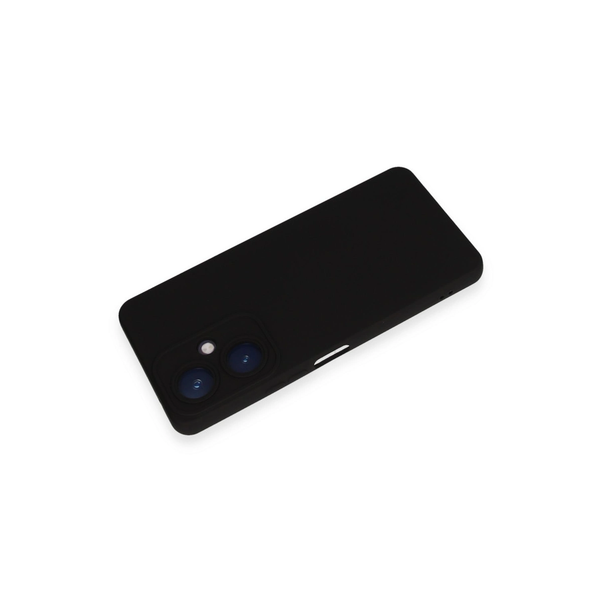 Beyaz arka plan üzerinde iki kamera lensli siyah telefon kılıfı.