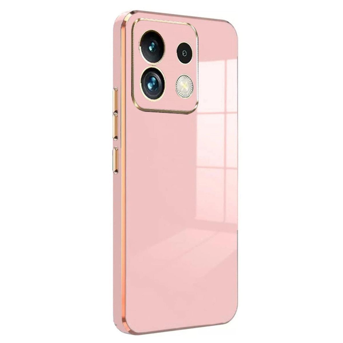 Üç kamera lensi ve flaşı olan pembe bir akıllı telefon kılıfı.