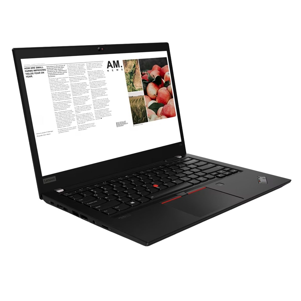 Een open zwarte Lenovo laptop met een nieuwsartikel op het scherm.