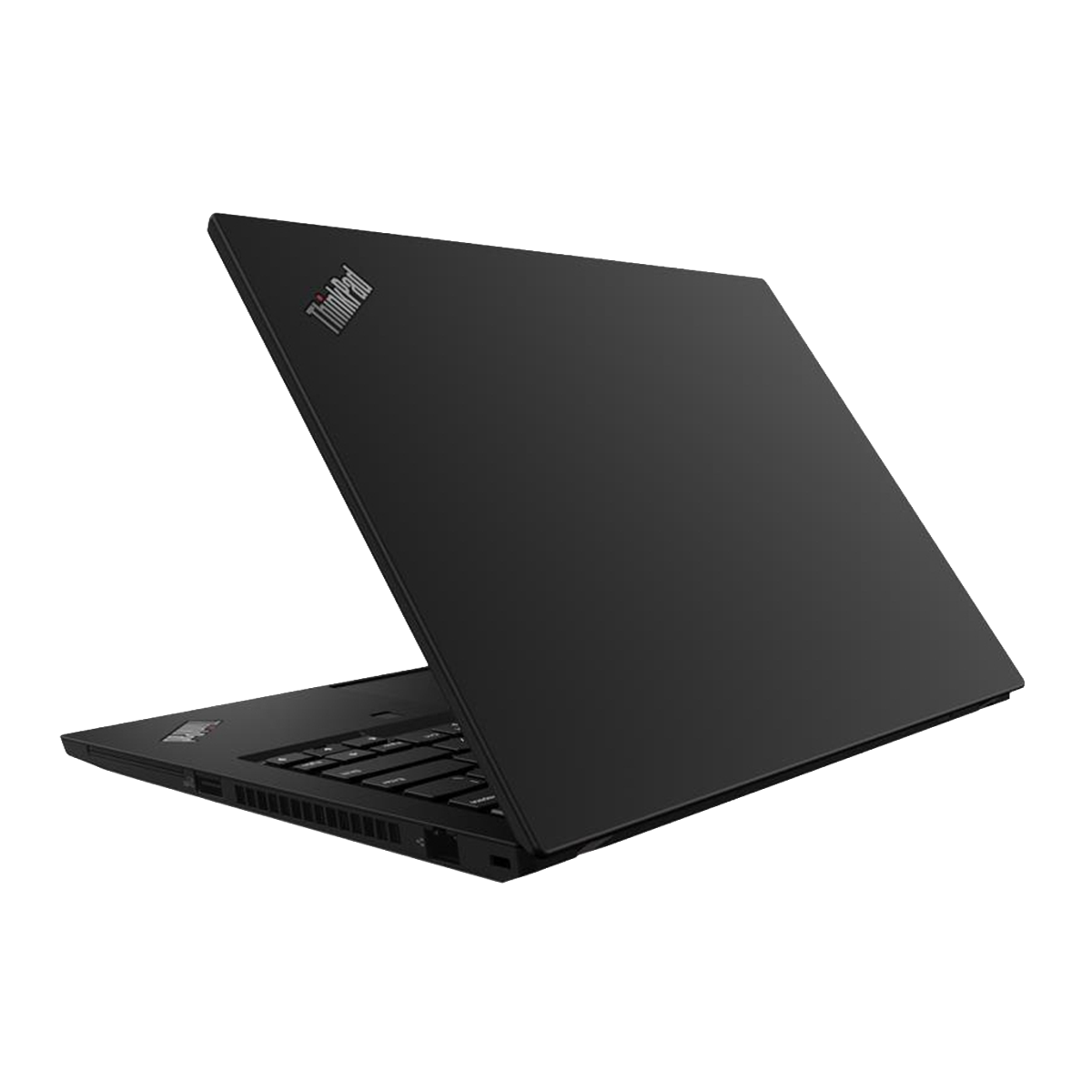 Zwarte Lenovo ThinkPad laptop met toetsenbord en poorten.
