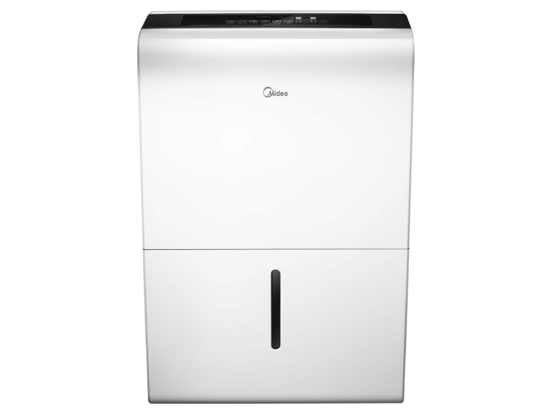 Un deshumidificador blanco con panel de control negro arriba y un indicador de nivel de agua.