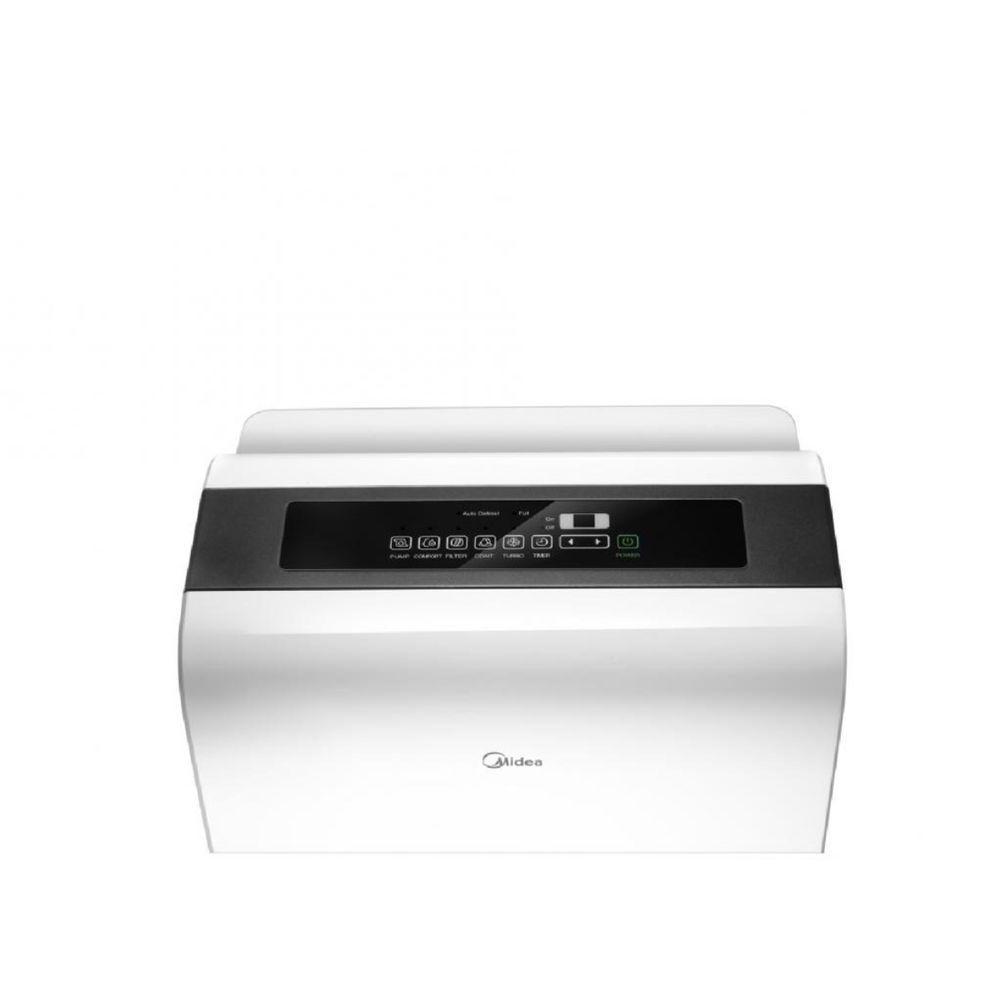 Un deshumidificador Midea blanco con panel de control negro que muestra iconos y texto.