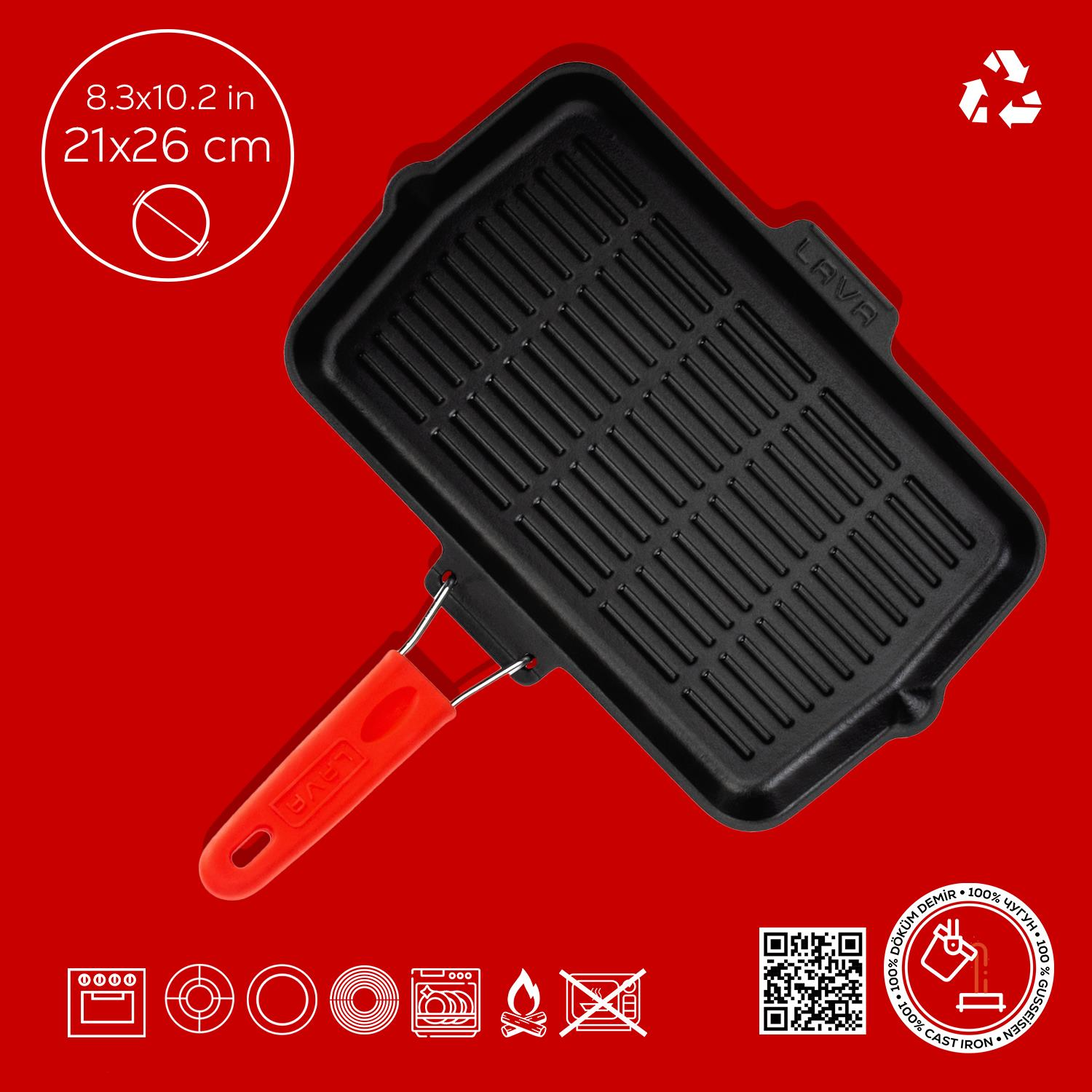 Kırmızı saplı siyah döküm grill tavası, 21x26 cm ölçülerinde, kırmızı zeminde.