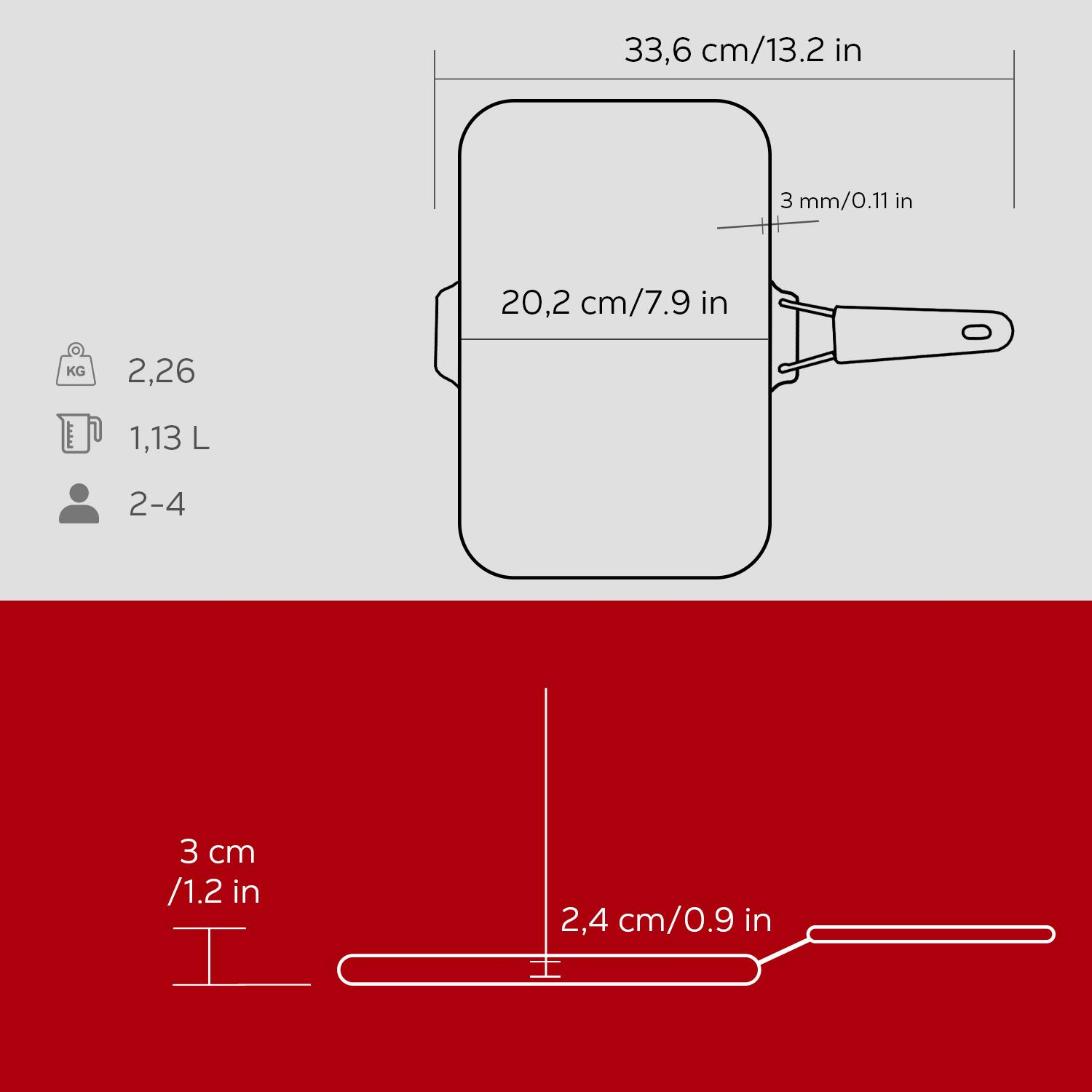 Tava teknik çizimi boyutlarıyla: 2,26kg, 1,13L, 2-4 kişilik.