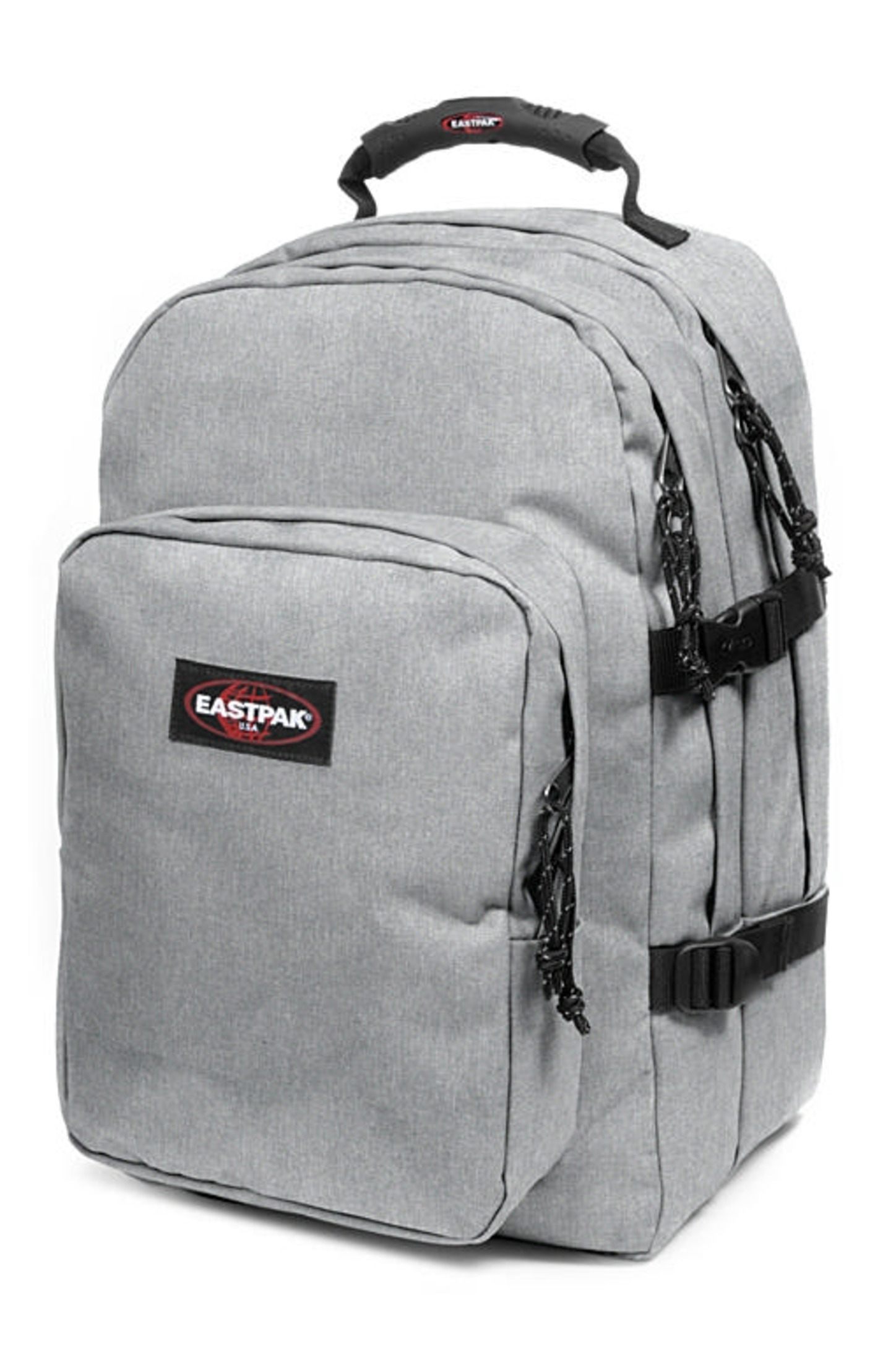 Uno zaino Eastpak grigio con manico e fibbie nere.