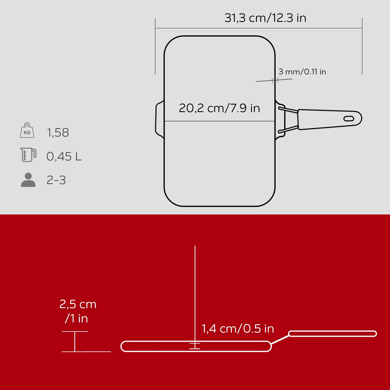 Tava diyagramı boyutları: 31,3 cm x 20,2 cm.