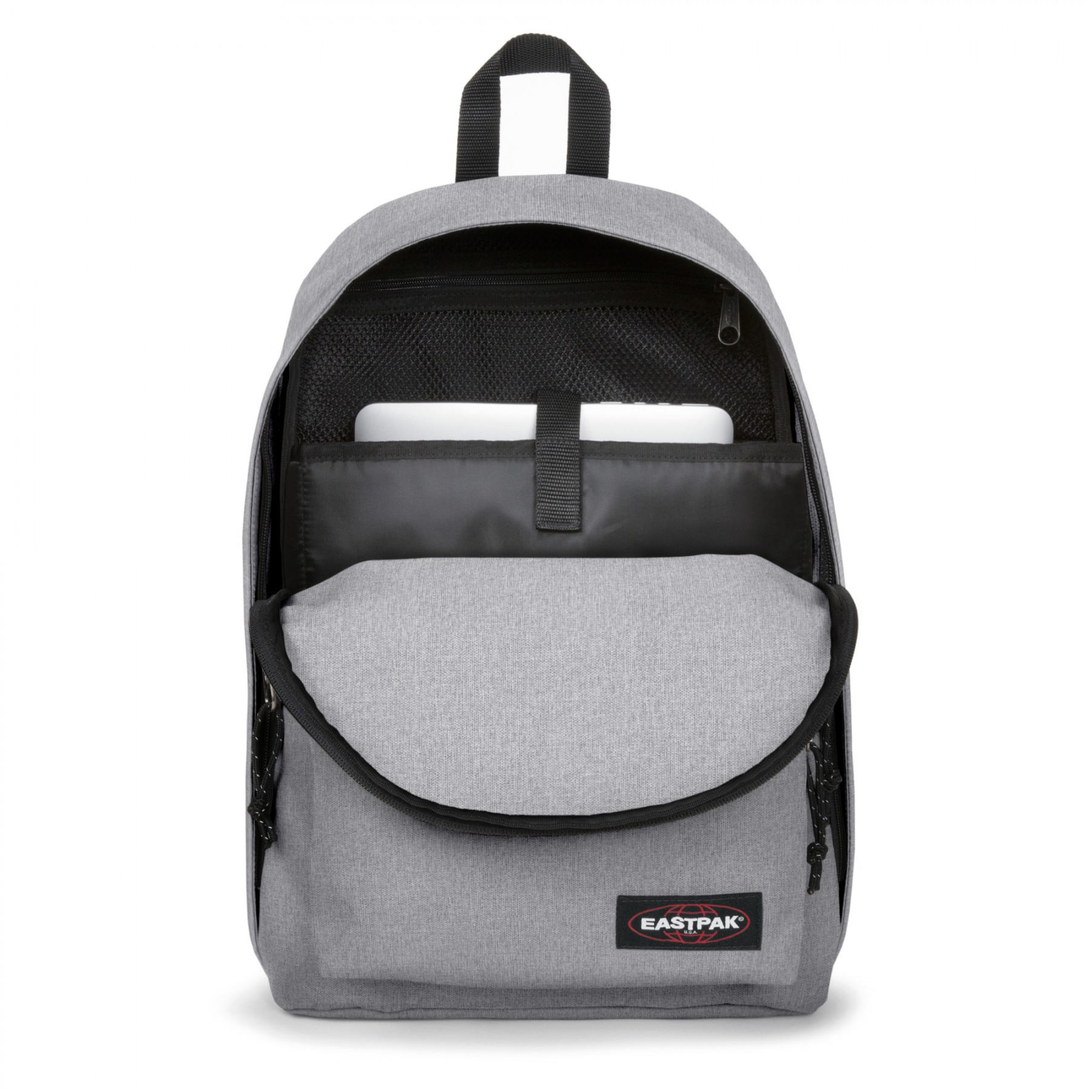 Zaino grigio con scomparto principale aperto, custodia per laptop visibile.