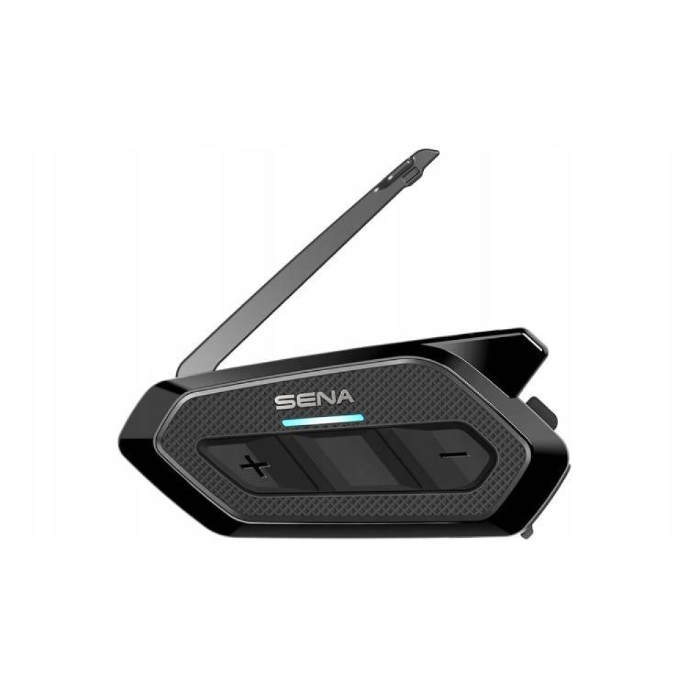 Czarne urządzenie komunikacyjne Sena z anteną i przyciskami. Zbliżenie.