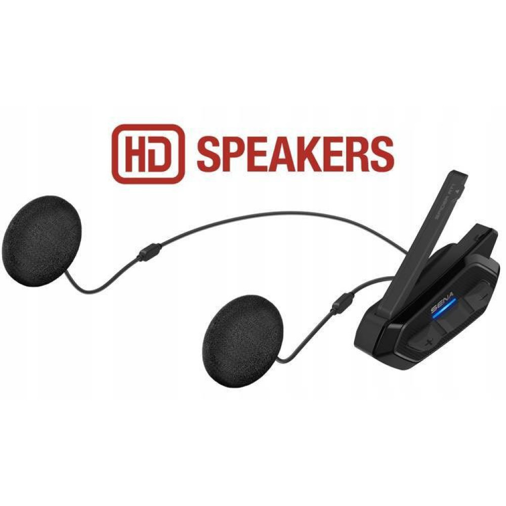 Czarny zestaw słuchawkowy Sena z głośnikami HD i mikrofonem na białym tle.