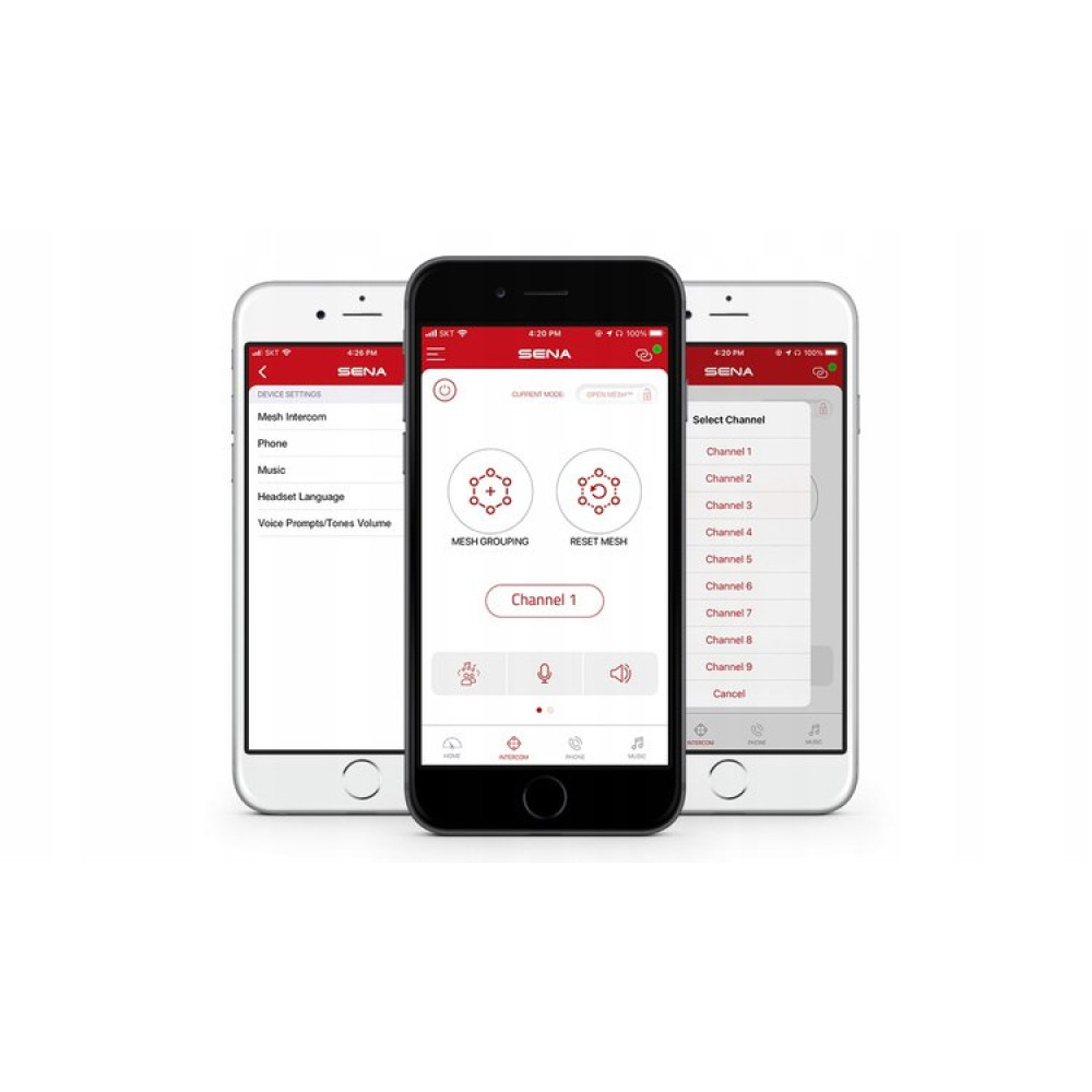Trzy smartfony wyświetlają aplikację Sena z różnymi ekranami: ustawienia urządzenia, grupowanie siatki i wybór kanału.