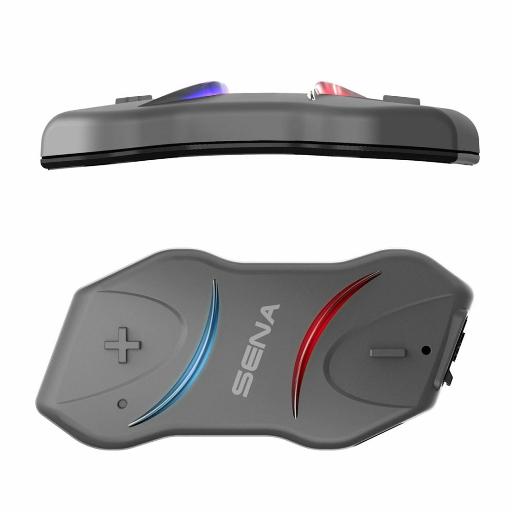 Dwa szare urządzenia komunikacyjne Sena do motocykli, jedno nad drugim.