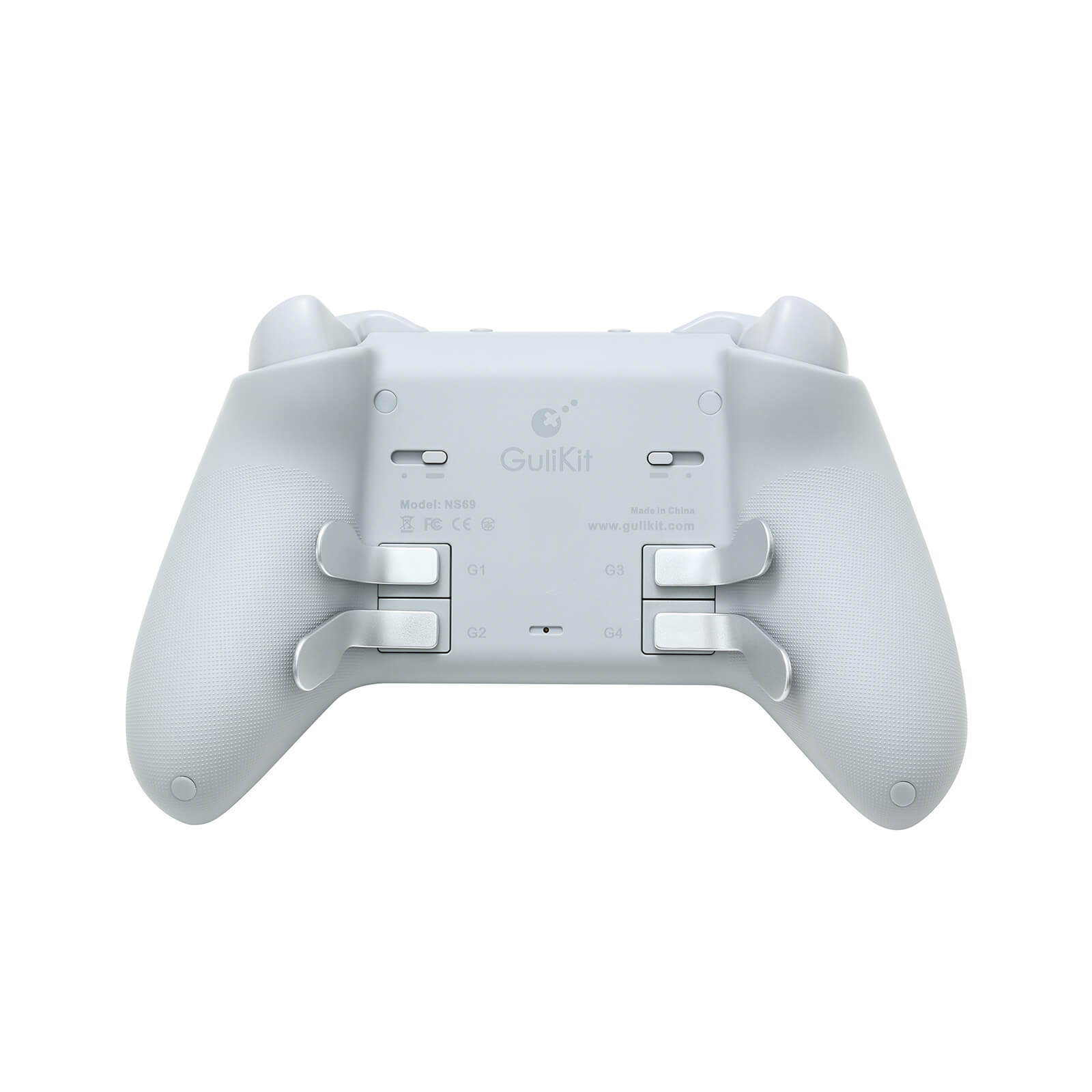 Parte trasera de un controlador blanco con logo GuliKit, modelo NS69 y etiquetas G1-G4.