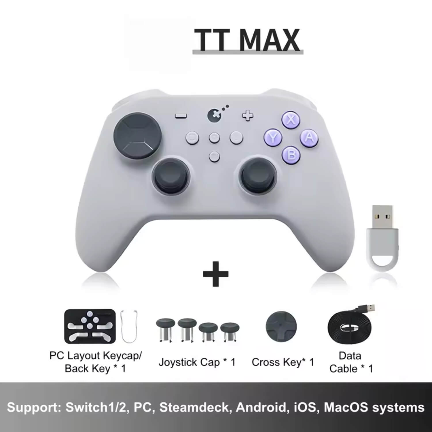 Un controlador TT MAX gris con accesorios: keycaps PC, joysticks, cruceta y cable USB.